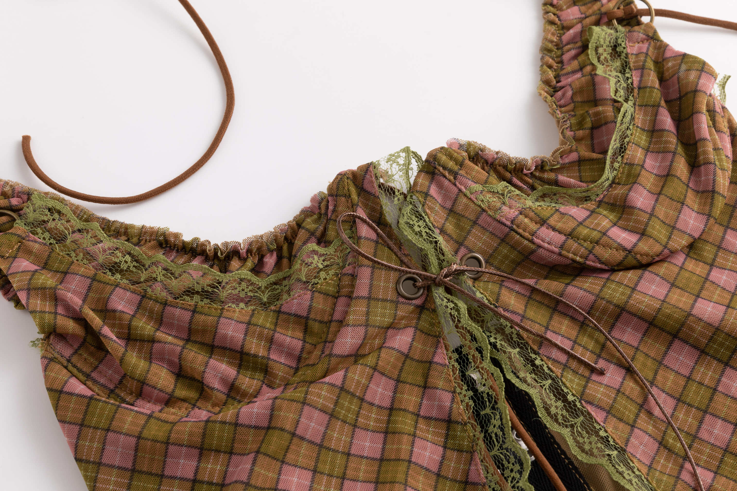 Plaid Mesh Lace Halter Top