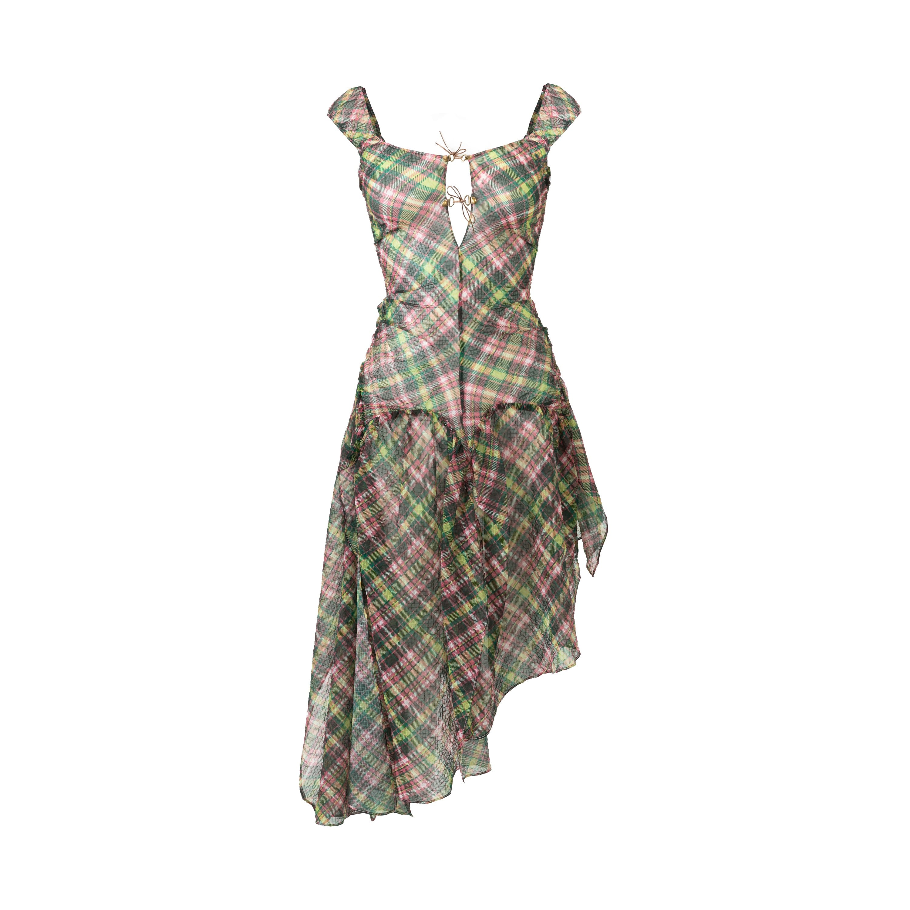 Plaid Puff Chiffon Asymmetrical Dress Pink Tartan β taottao