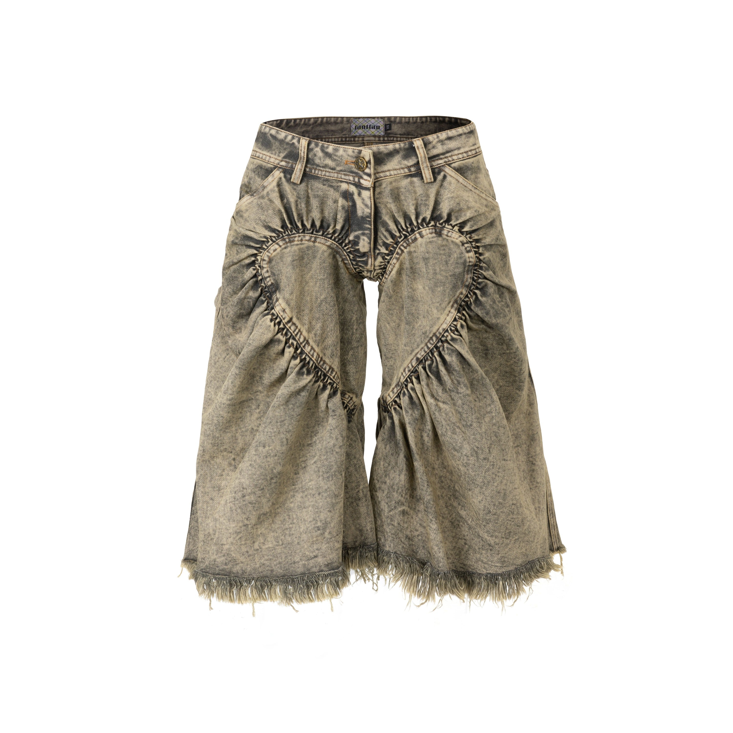 Unisex Ruched Heart Distressed Denim Shorts Black
