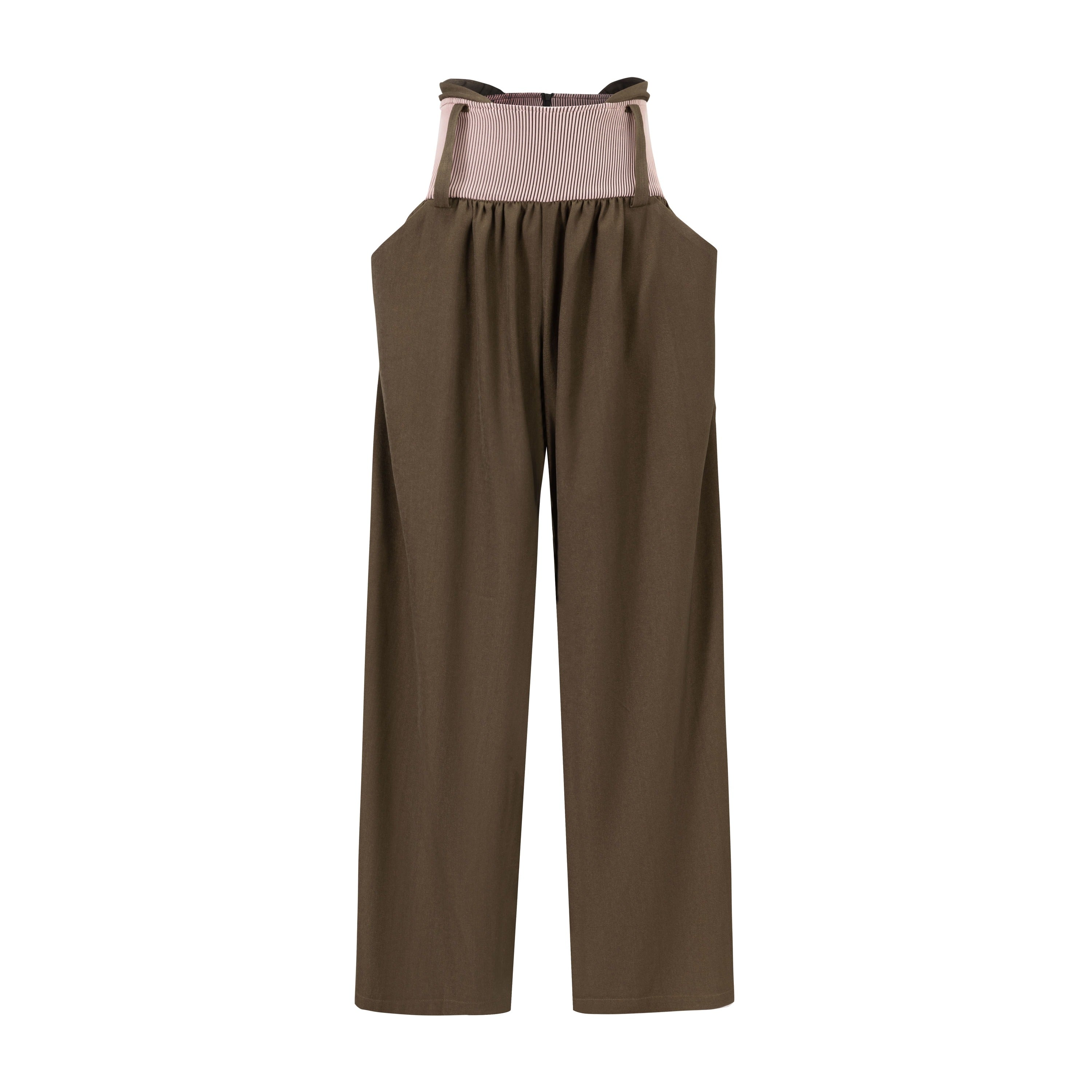 Low-rise Twill Oversized Baggy Trousers Taupe w/ Pink Rib Band