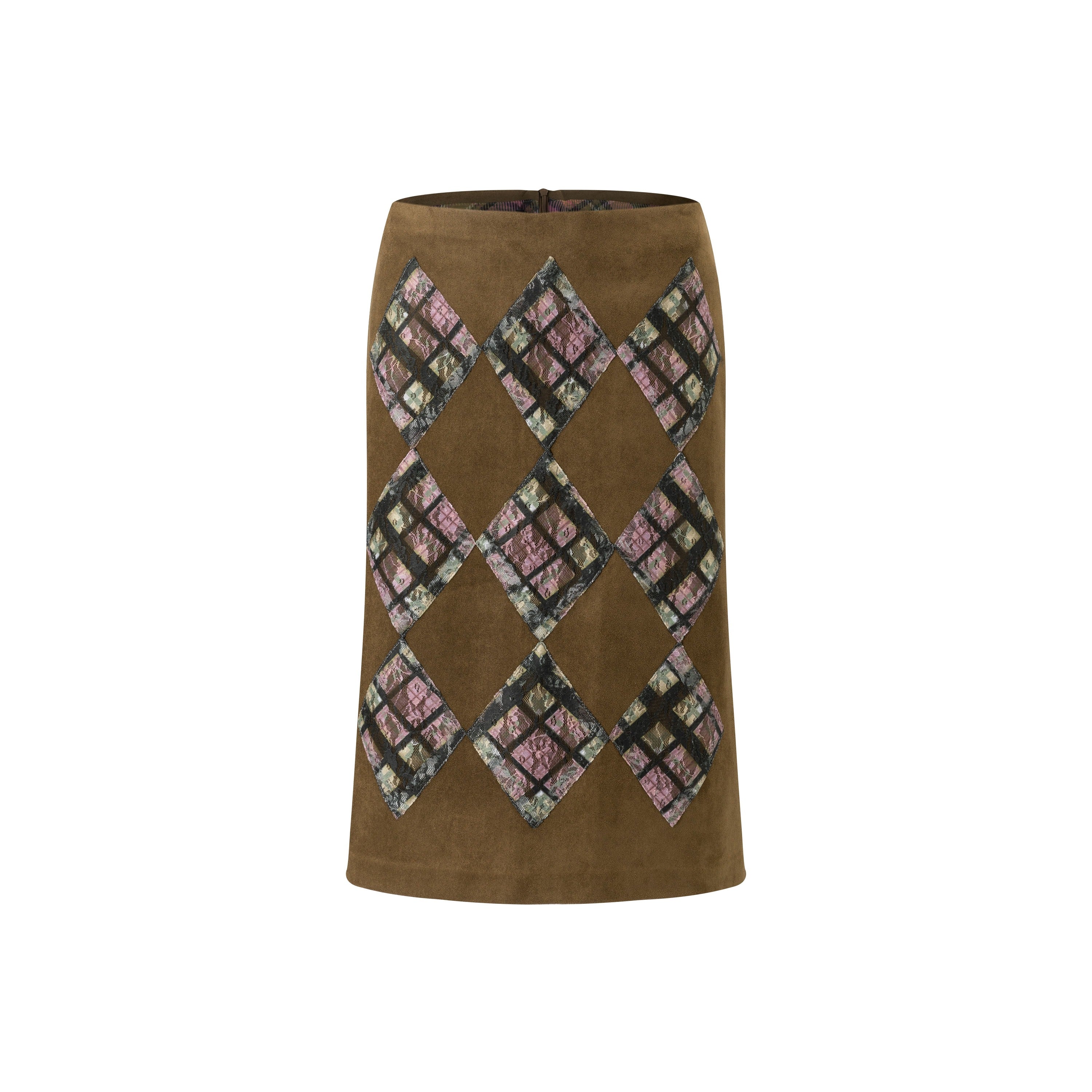 Orange Brown Suede Purple Plaid Lace Patchwork MIDI Skirt