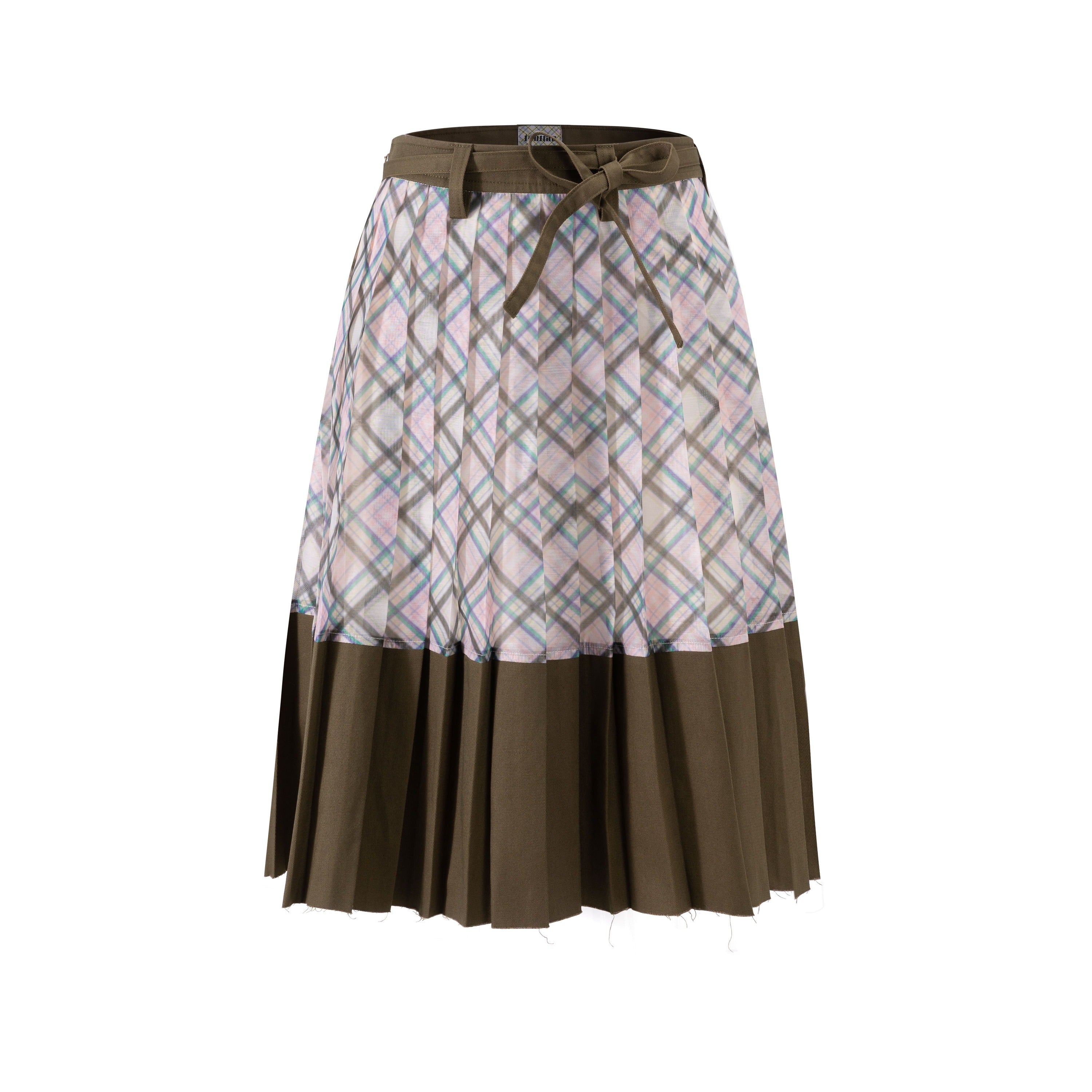 Patchwork Organza Pleated Midi Skirt Dollhouse Khaki