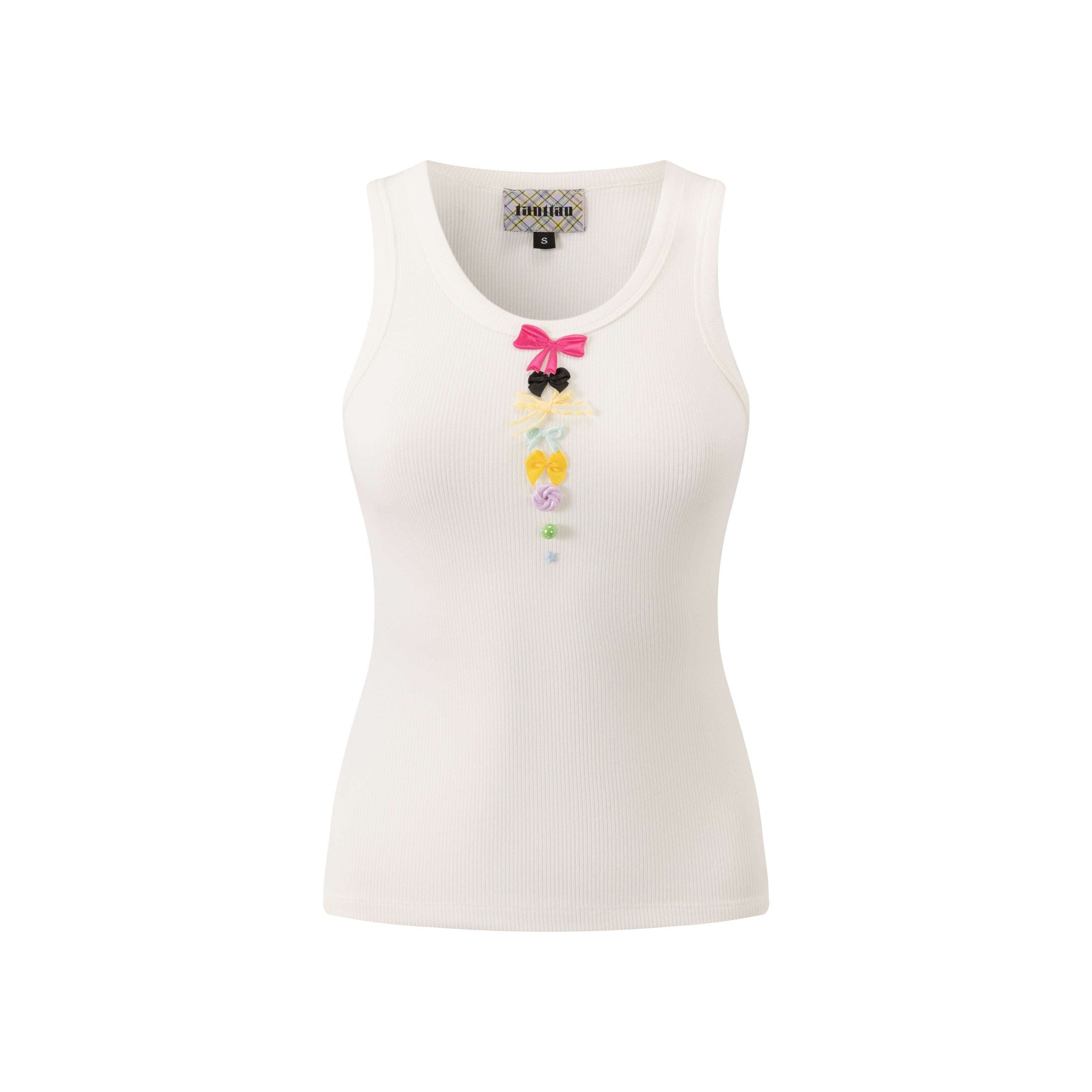 Ribbed Knit Tank Top with Bows White