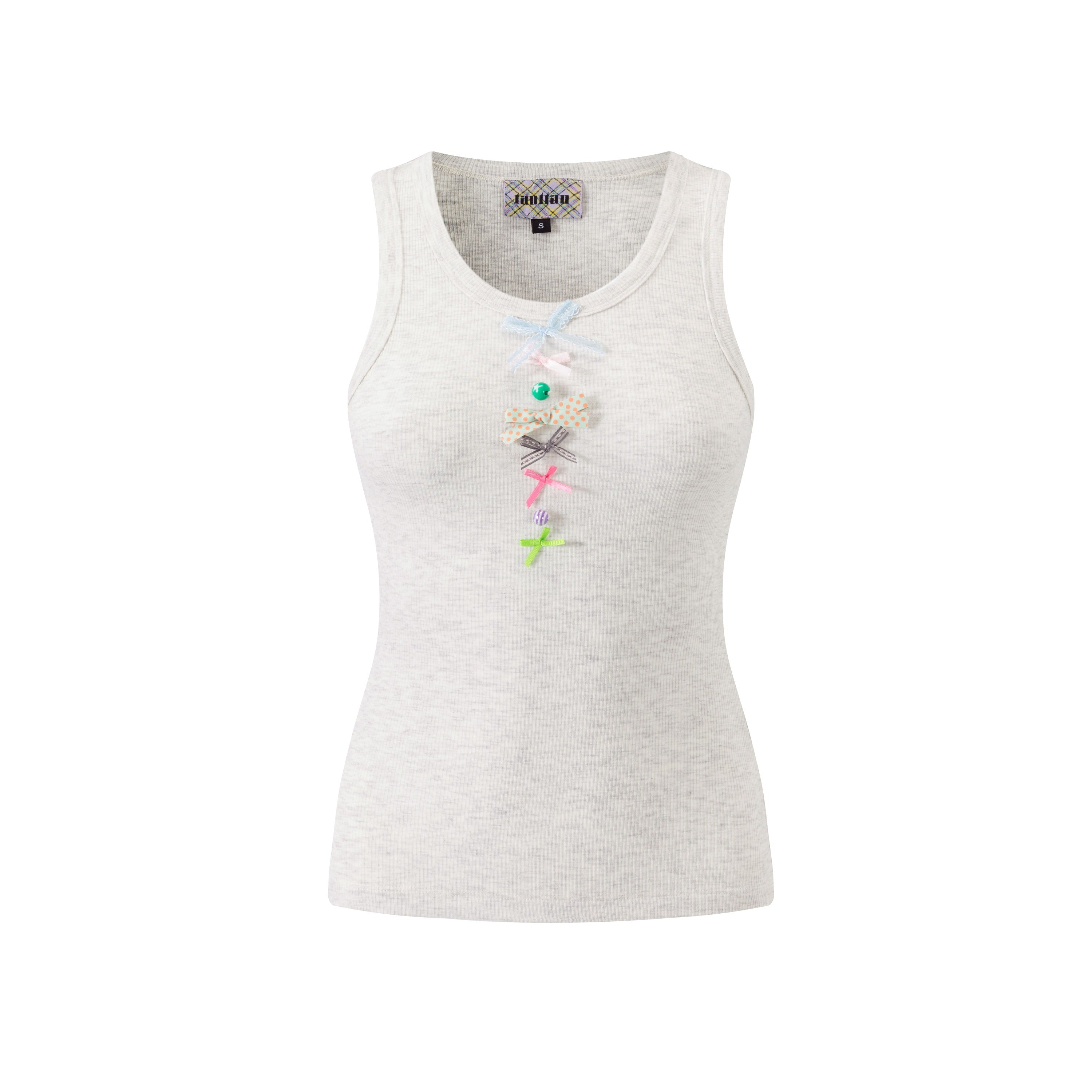 Ribbed Knit Tank Top with Bows Two-Tone Gray