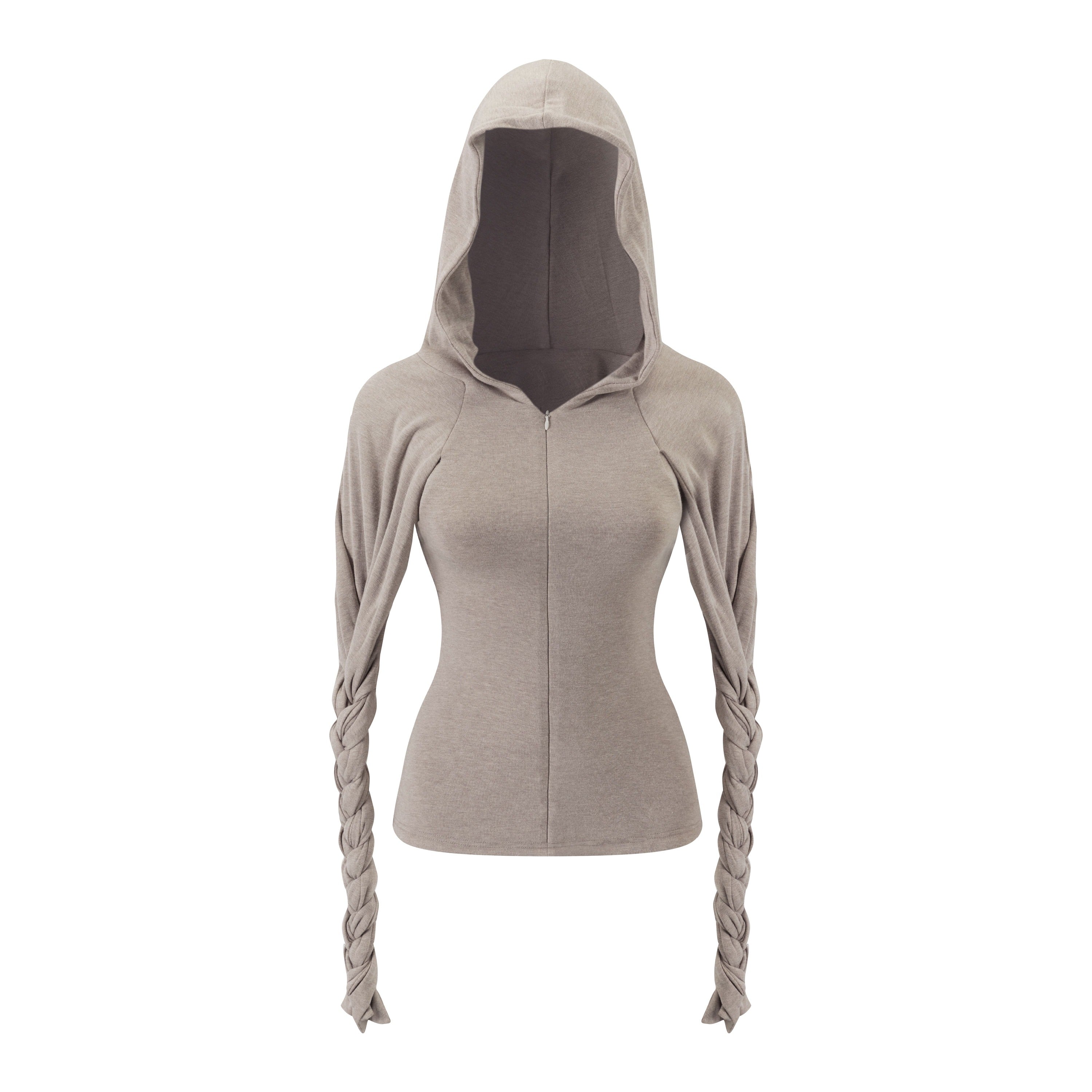 Grey Braided Hoodie Open-Sleeve Top
