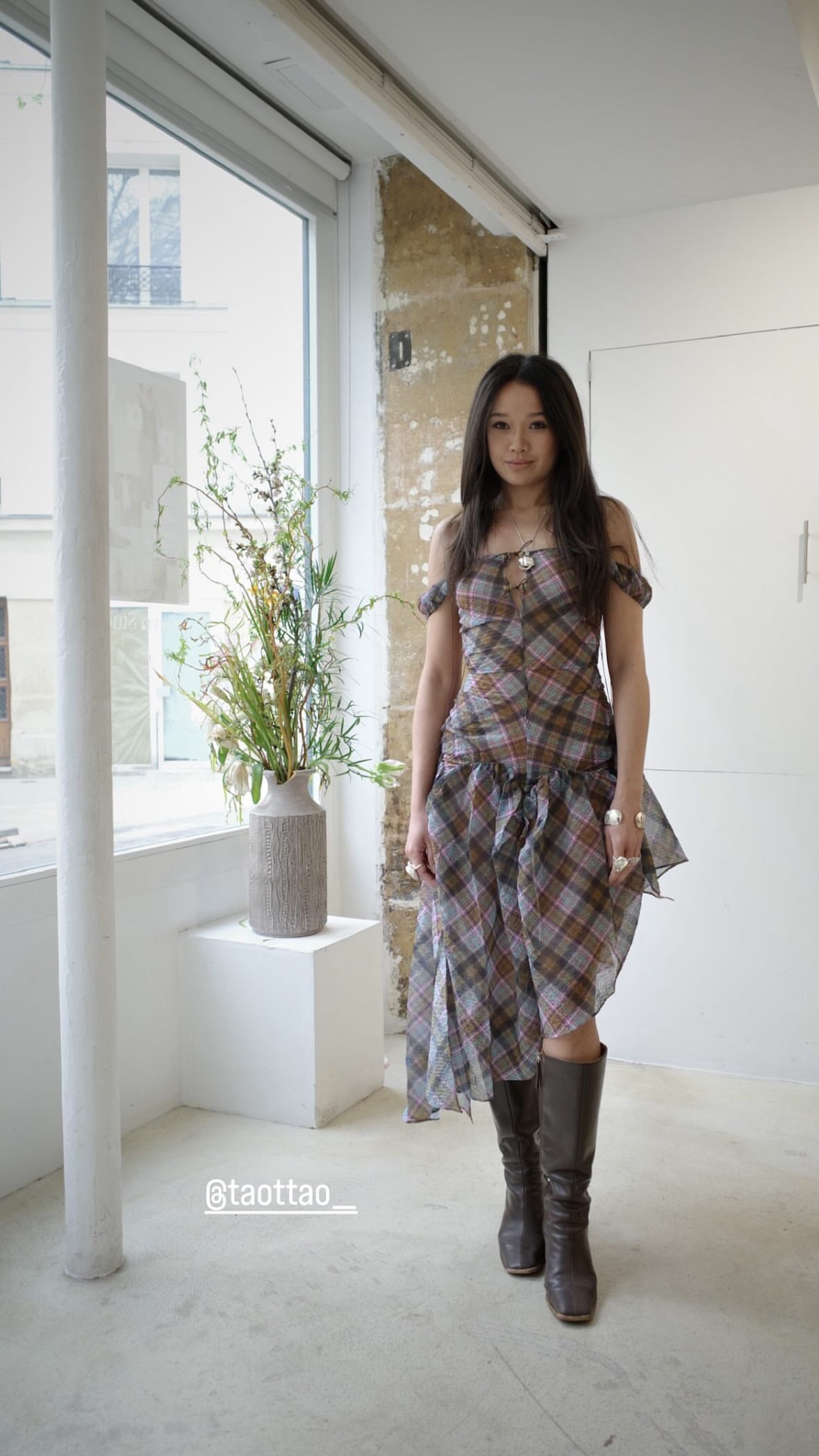 Plaid Puff Chiffon Asymmetrical Dress Kaleido Plaid