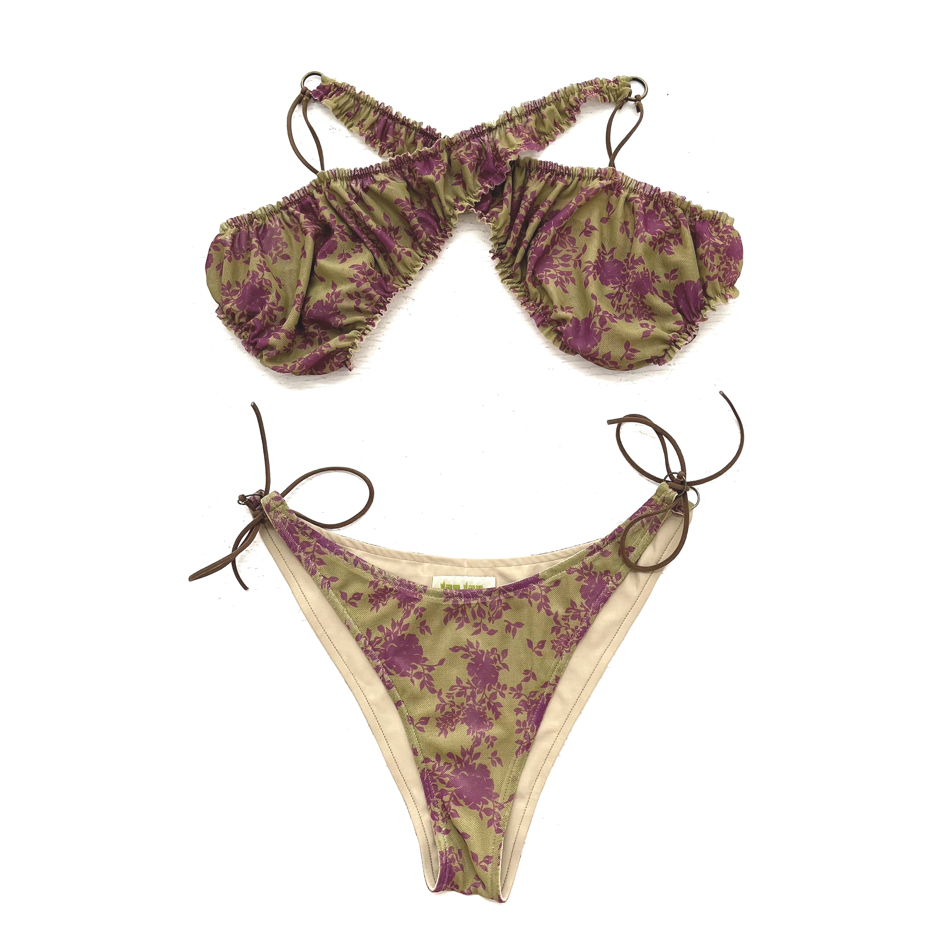 Mesh Crossover Bikini Set Floral Print