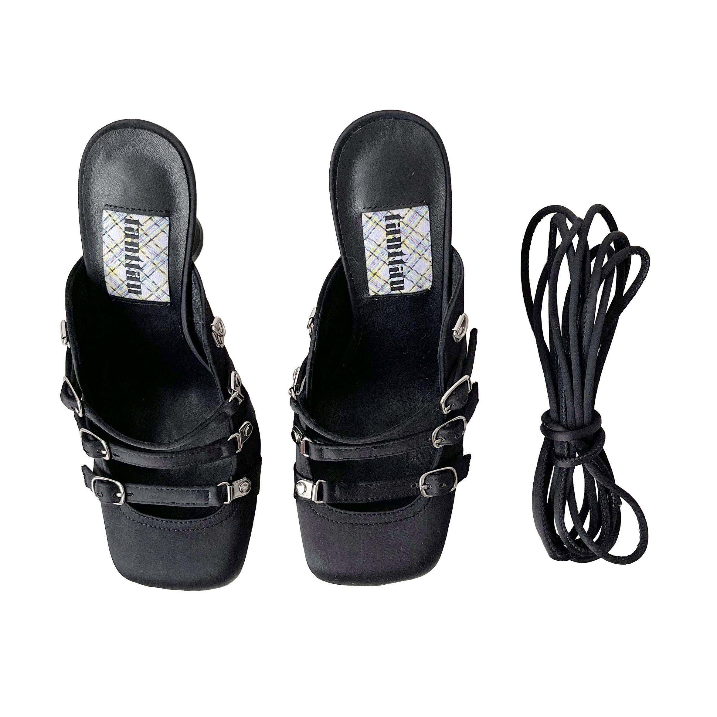 Black Satin Lace Up Square Toe Mules