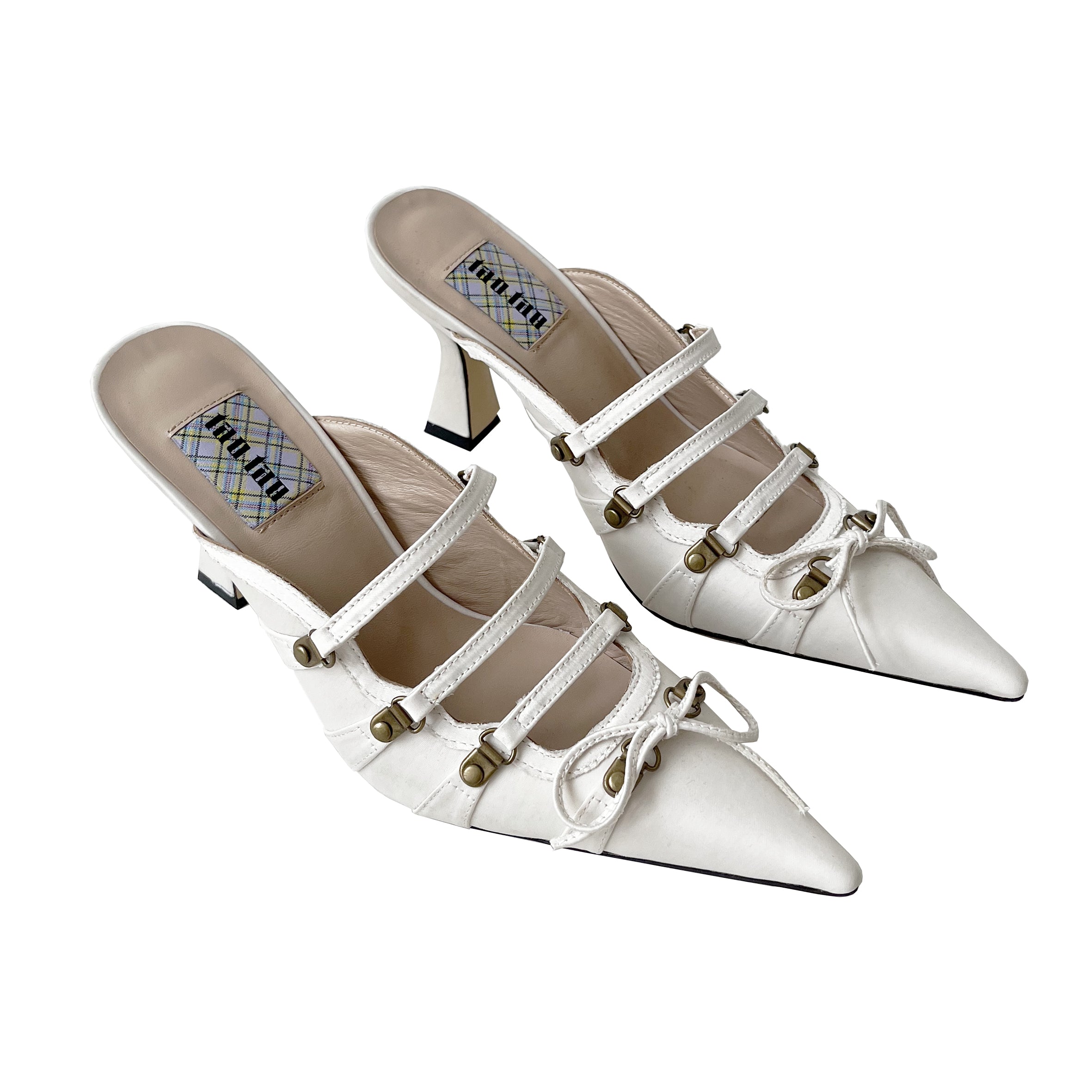 White Satin Lace Up Pointed Toe Mules