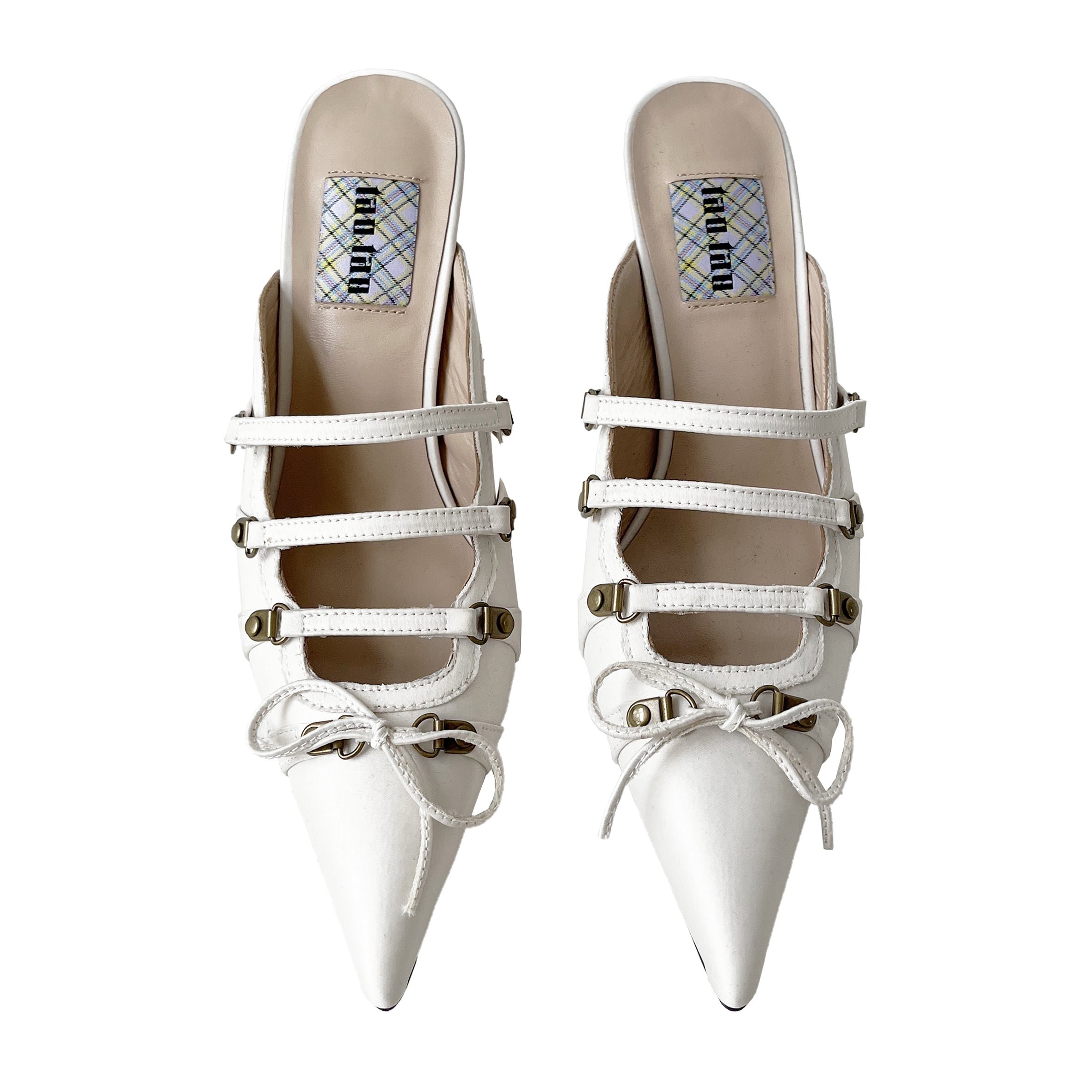 White Satin Lace Up Pointed Toe Mules