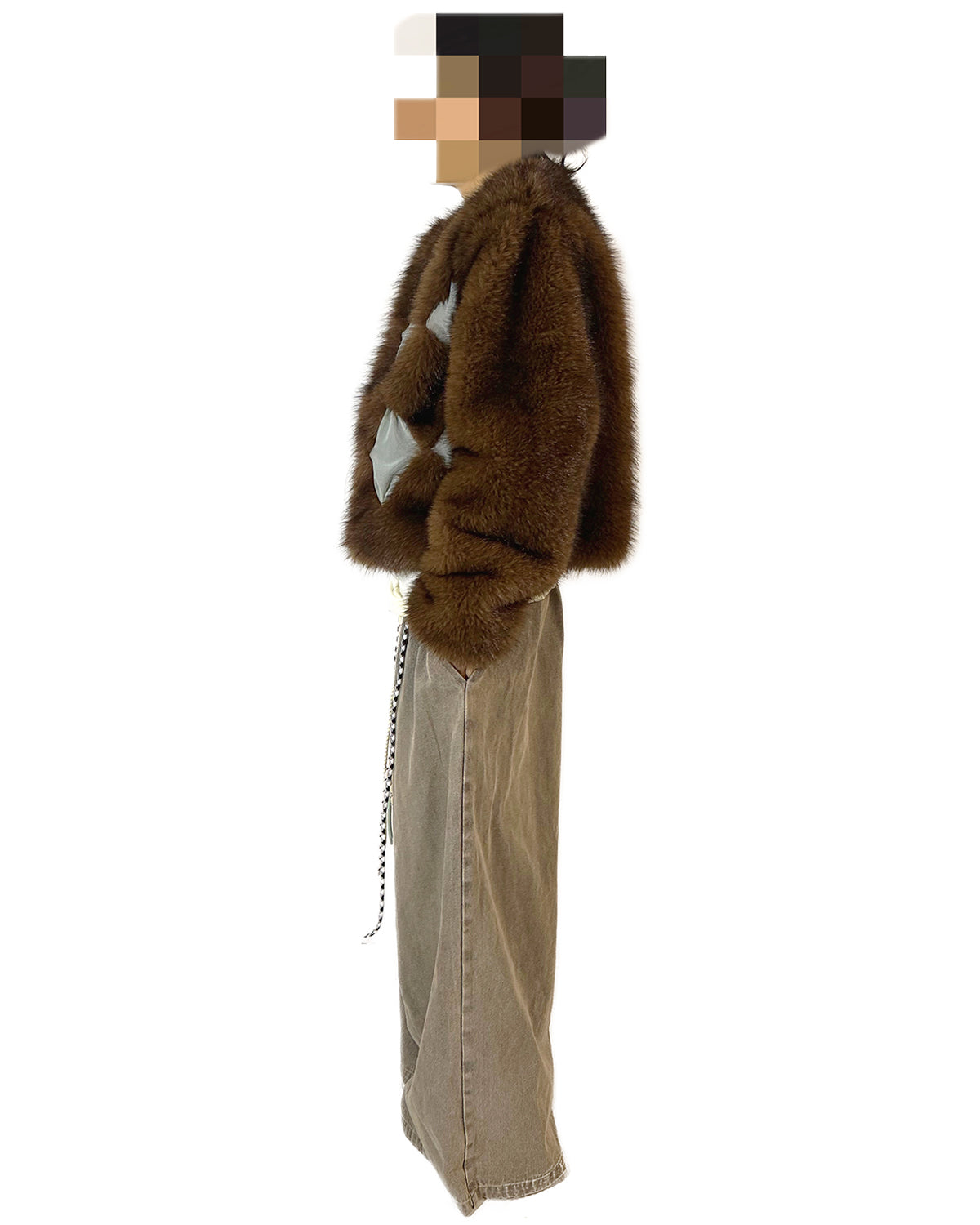 Studded Diamond Patchwork Faux Fur Coat