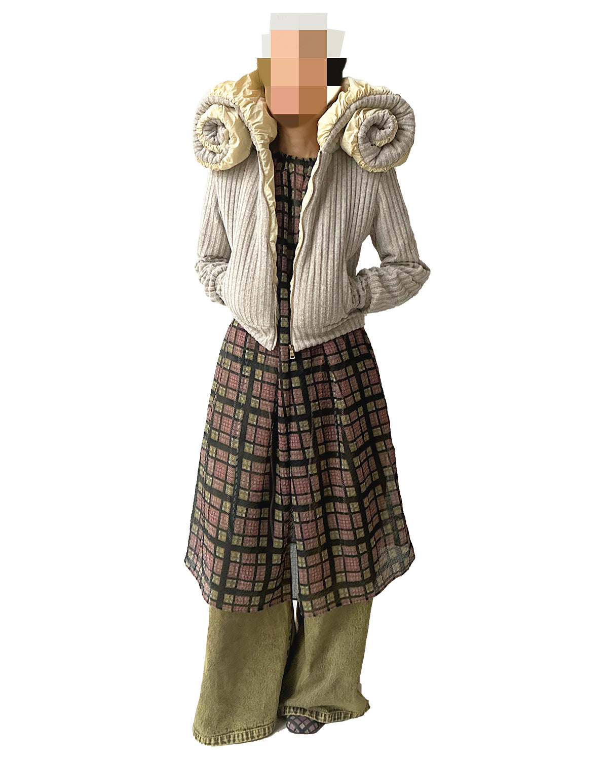 Swirl Collar Rib Knit Jacket Grey Yellow