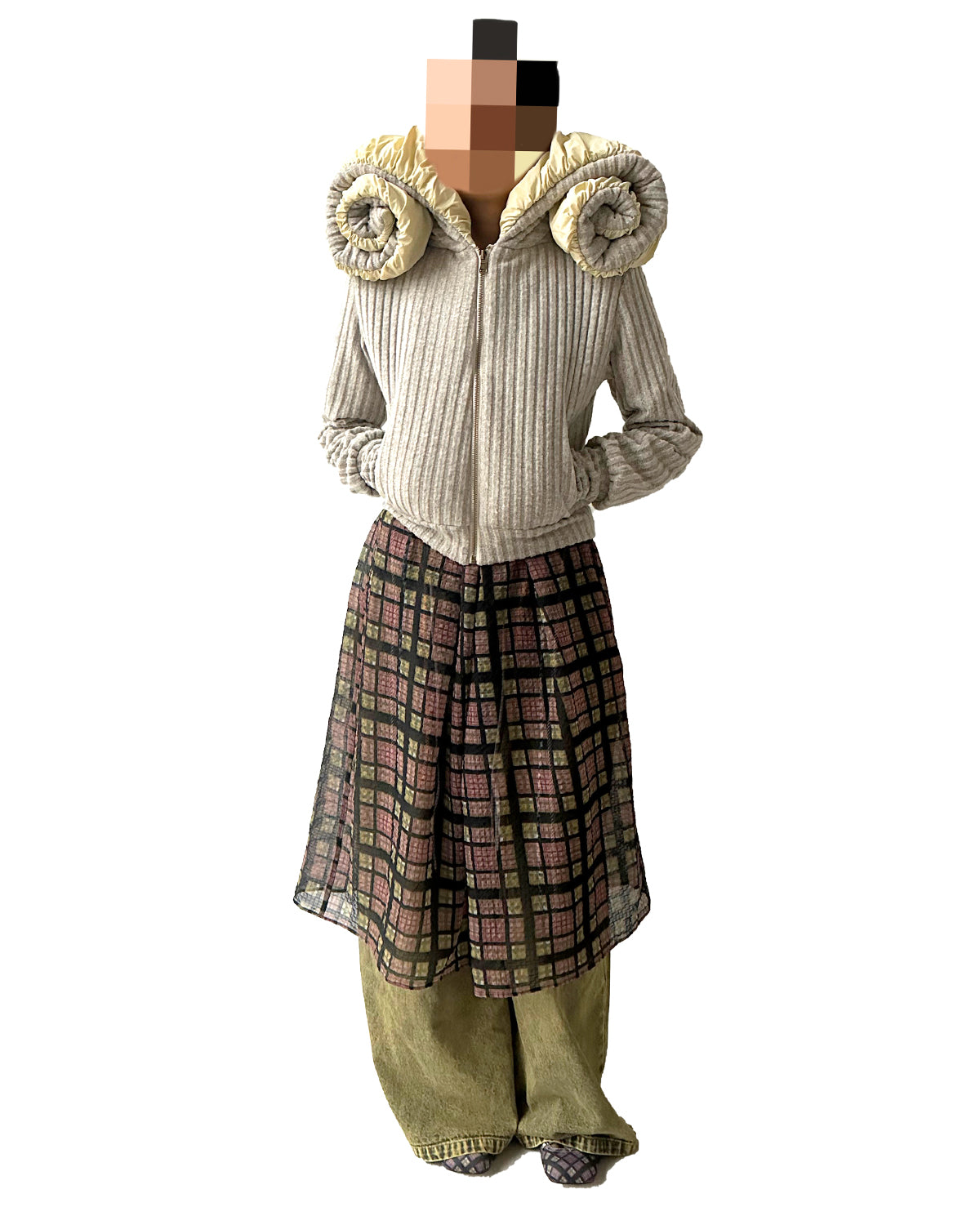 Swirl Collar Rib Knit Jacket Grey Yellow