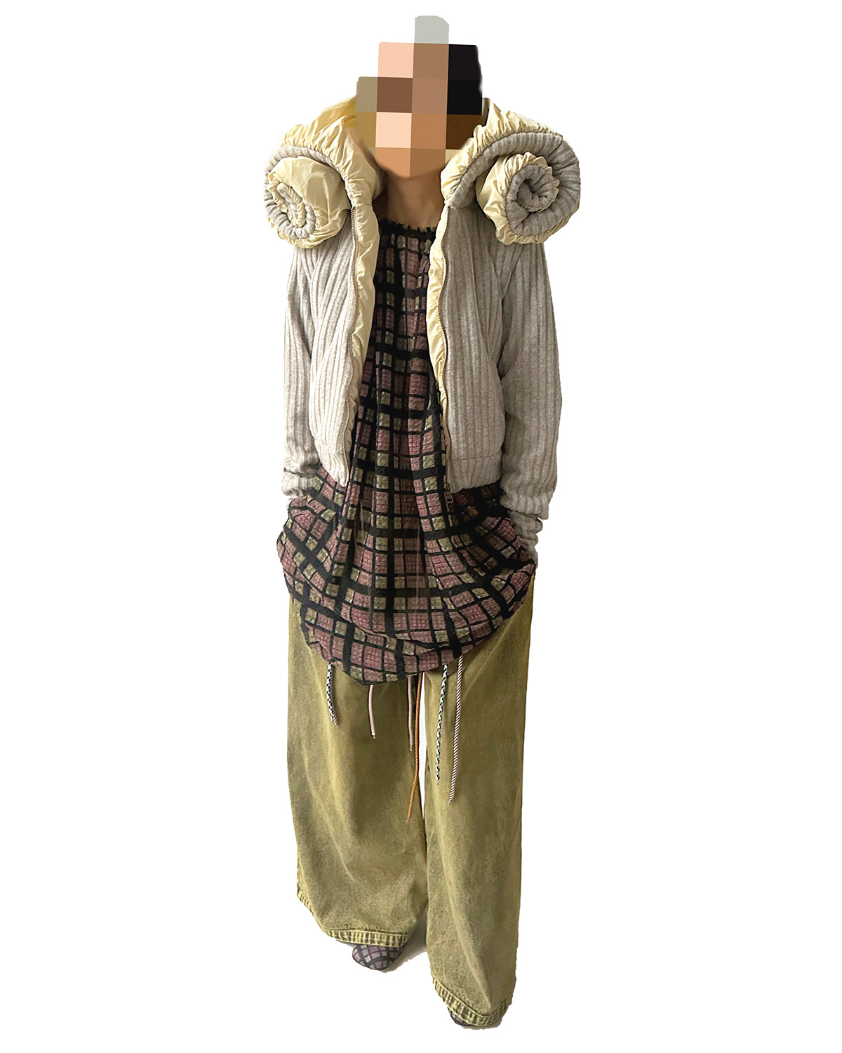 Swirl Collar Rib Knit Jacket Grey Yellow