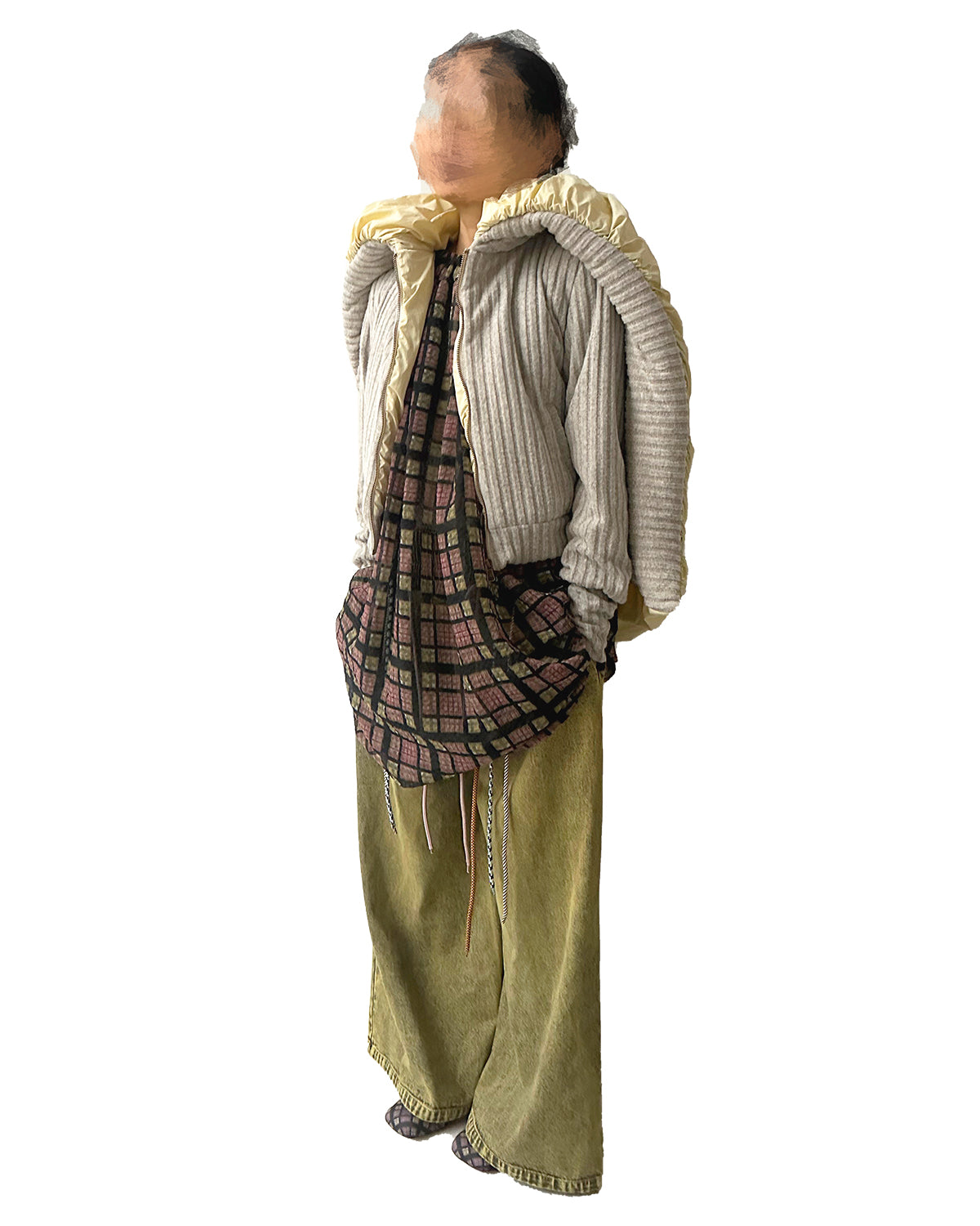 Swirl Collar Rib Knit Jacket Grey Yellow