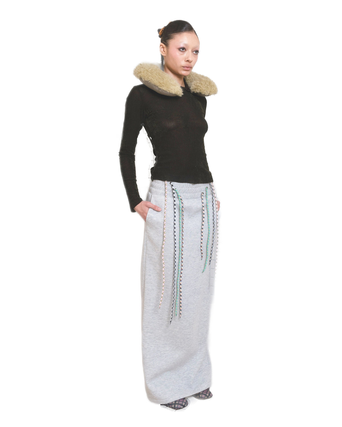 Drawstring Wide Elastic Waistband Maxi Sweat Skirt Grey