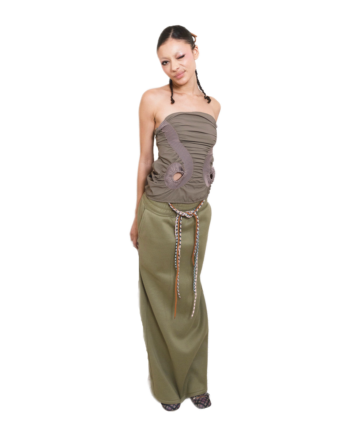 Drawstring Wide Elastic Waistband Maxi Sweat Skirt Olive