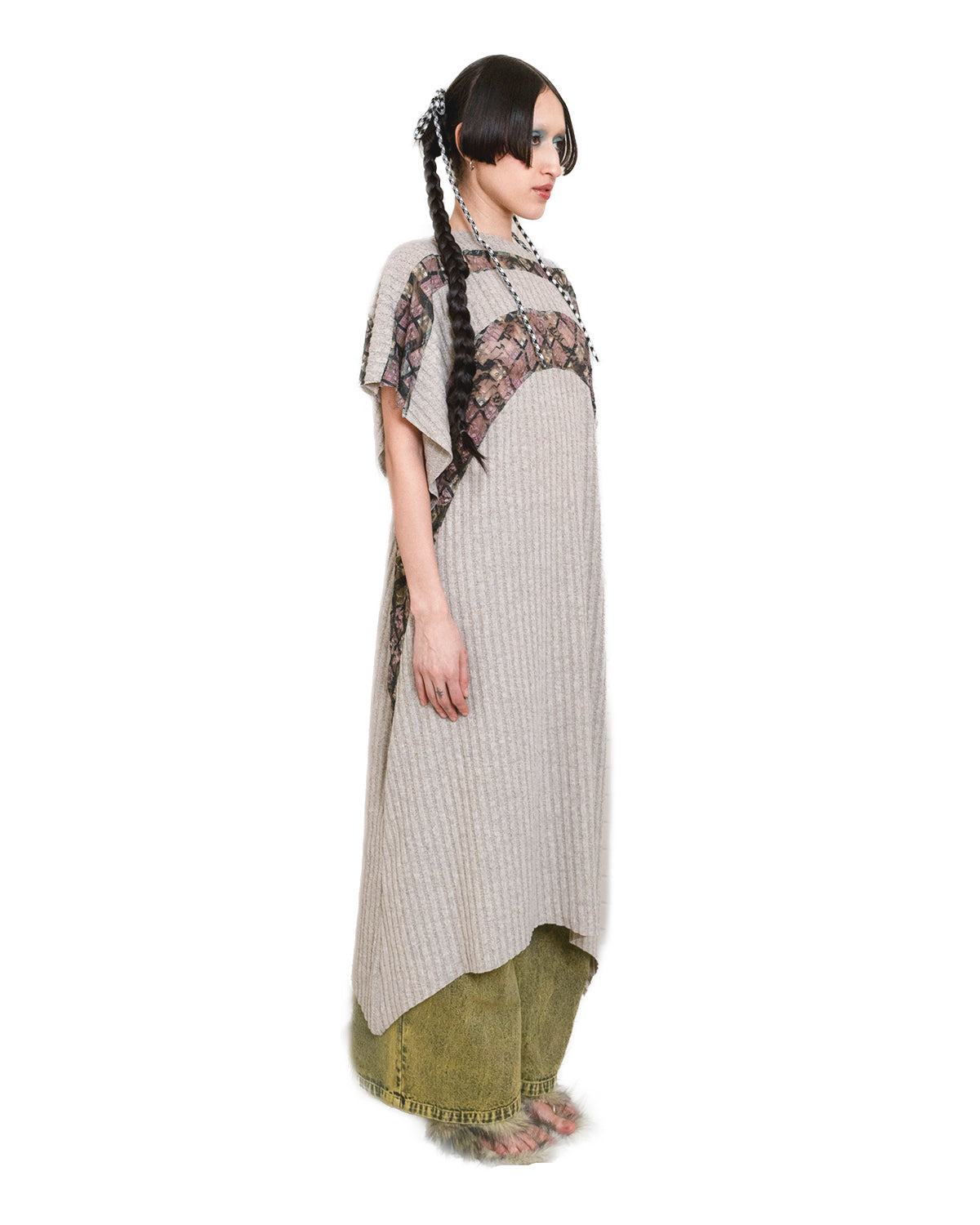 Rib Knit Draped Plaid Lace Midi T-Shirt Dress