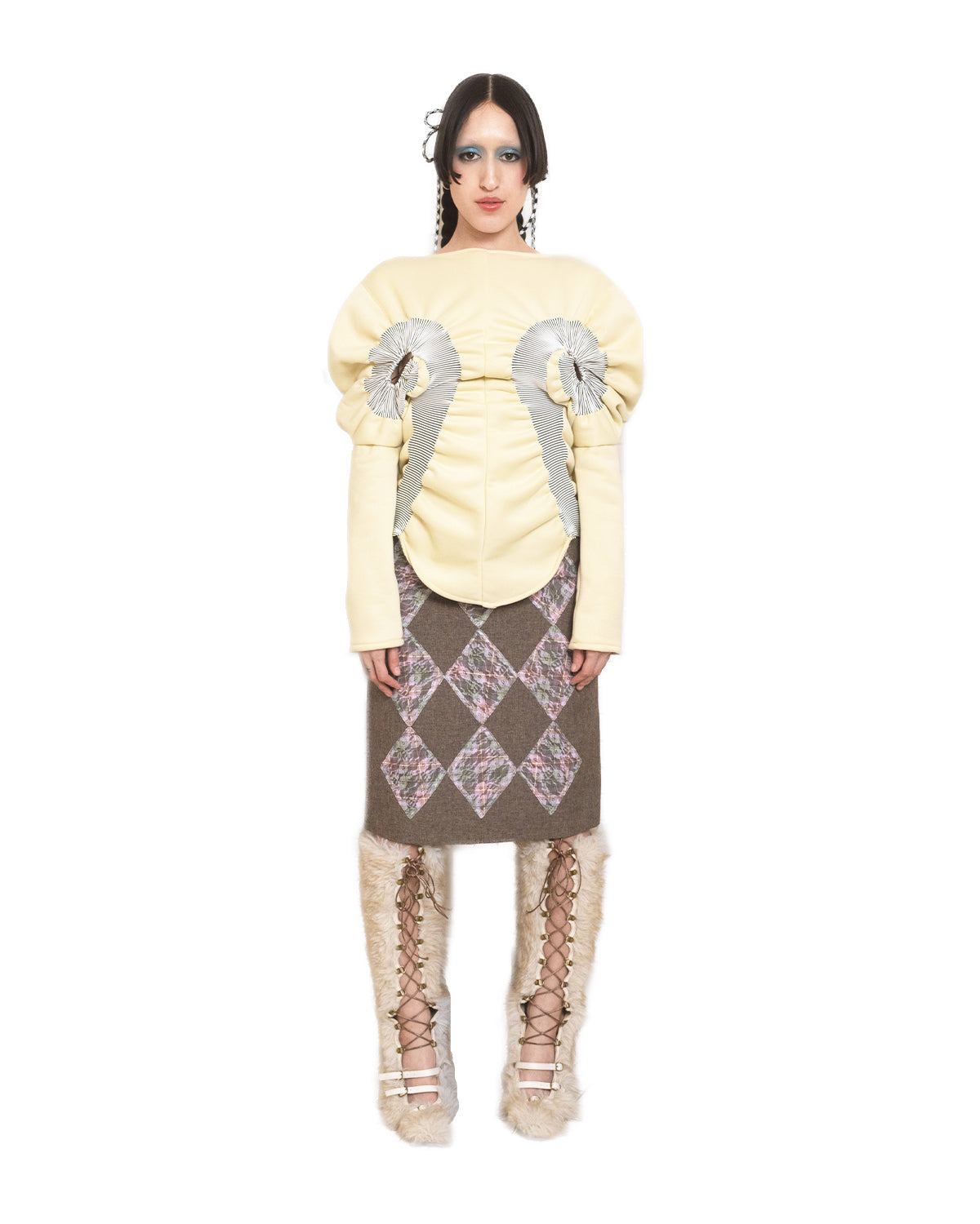 Cream Yellow Rib Patched Swirl Sweatshirt Top
