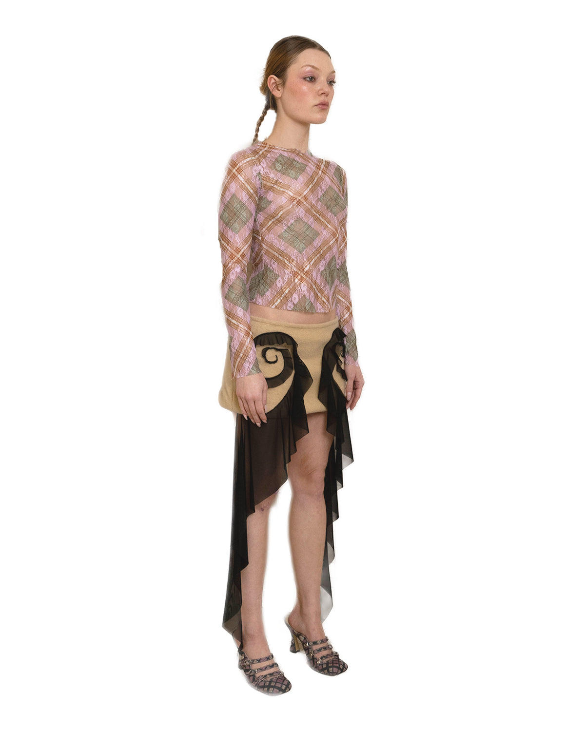 Hakuto Tartan Lace Plaid Long Sleeve Stretch Top