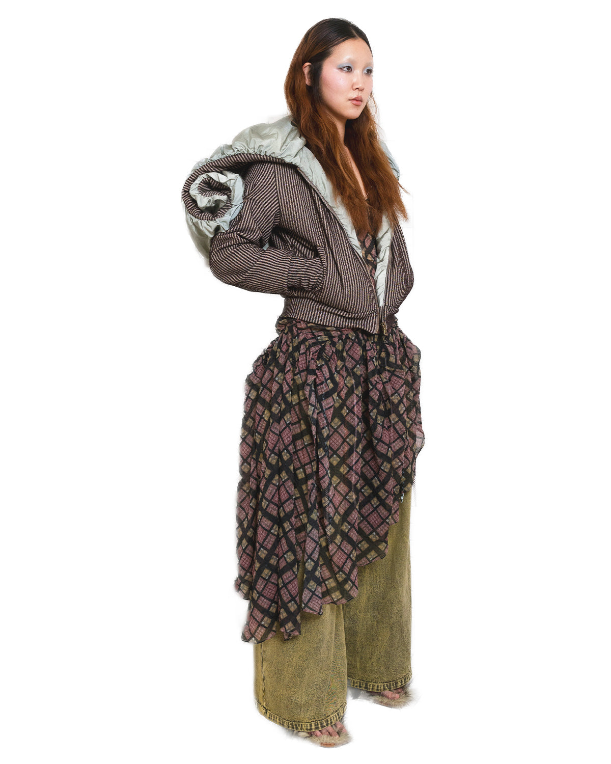 Swirl Collar Rib Knit Jacket Jade Taffeta Brown