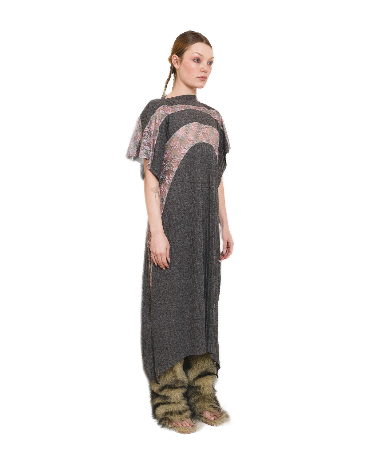 Rib Knit Draped Plaid Lace Midi T-Shirt Dress Charcoal Hakuto