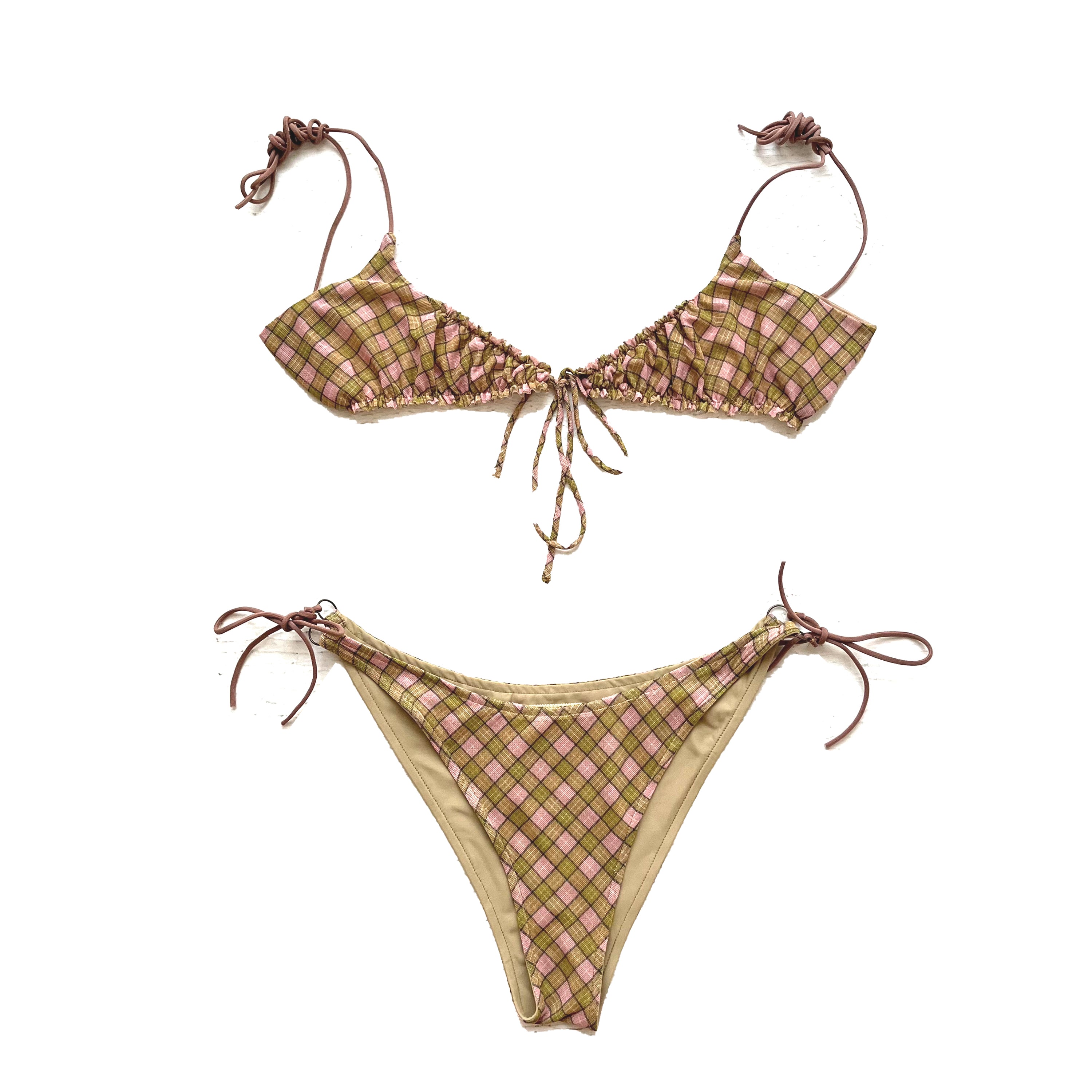 Mesh Plaid Gathered Bowtie Bikini Set Fenlü