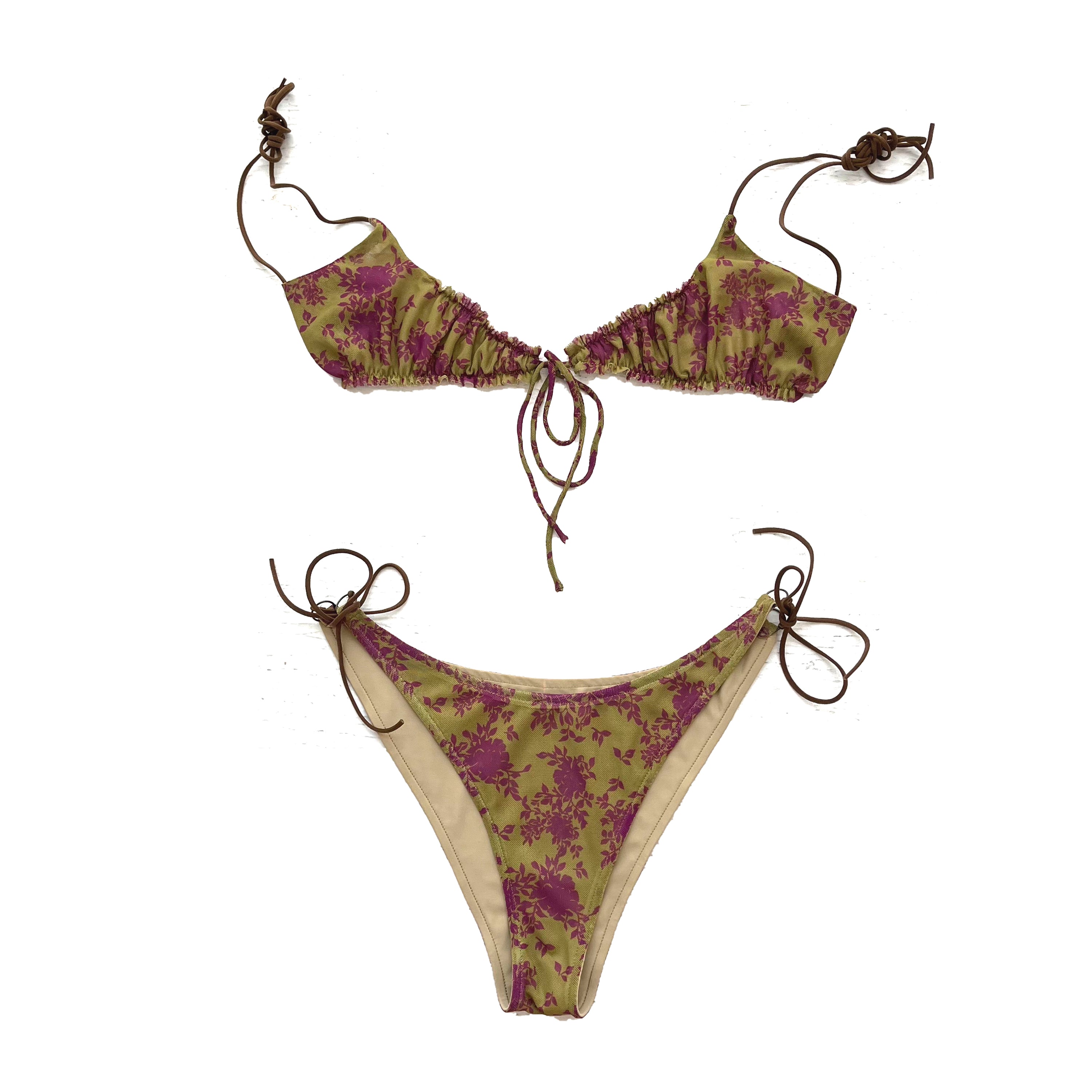 Mesh Gathered Bowtie Bikini Set Warm Tone Floral