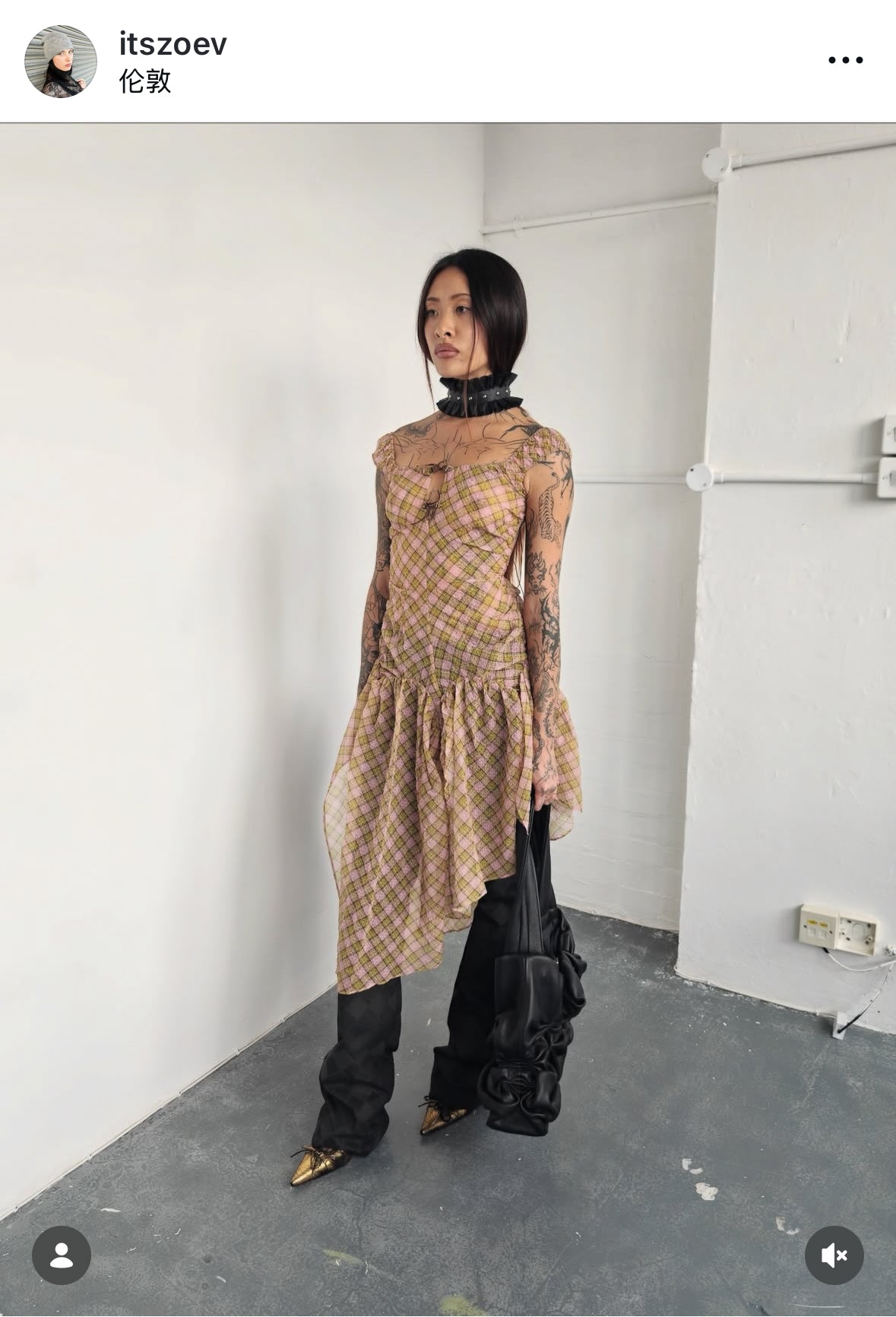 Plaid Puff Chiffon Asymmetrical Dress Fenlü