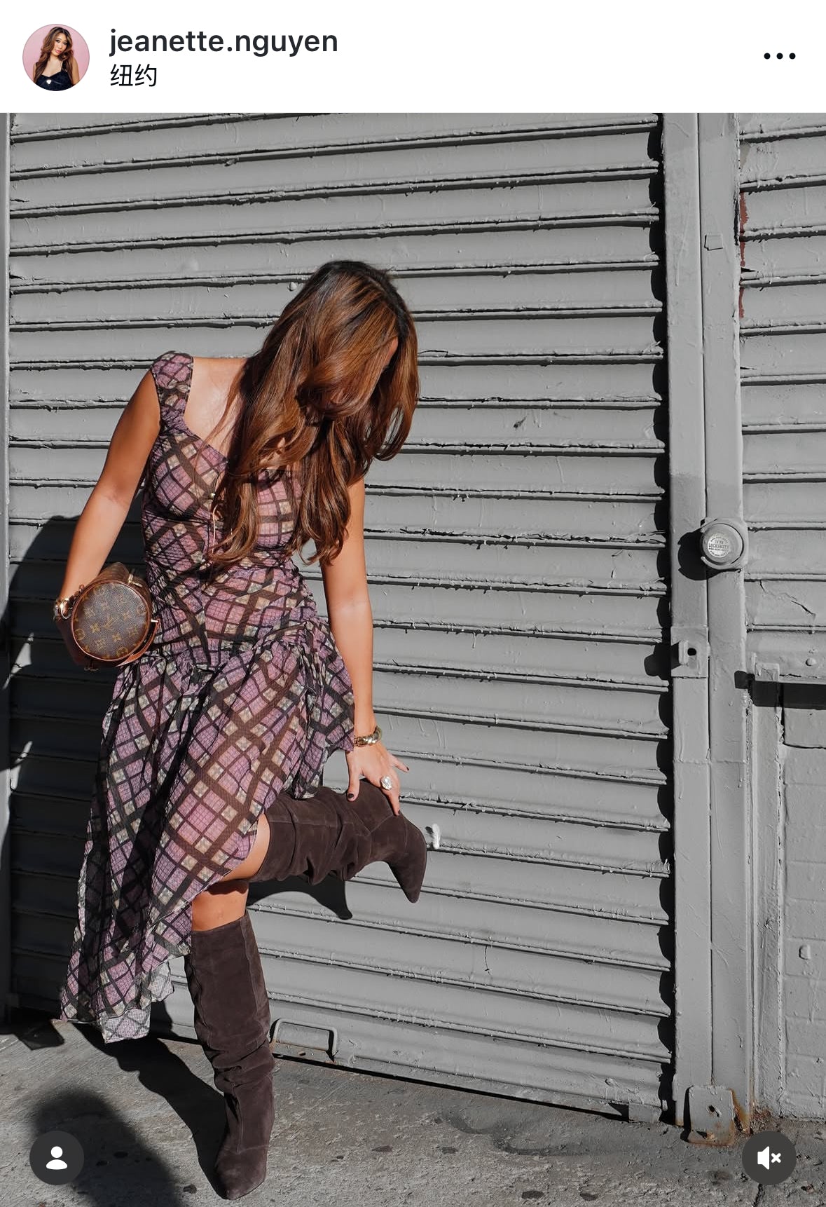 Plaid Puff Chiffon Asymmetrical Dress Purple Plaid