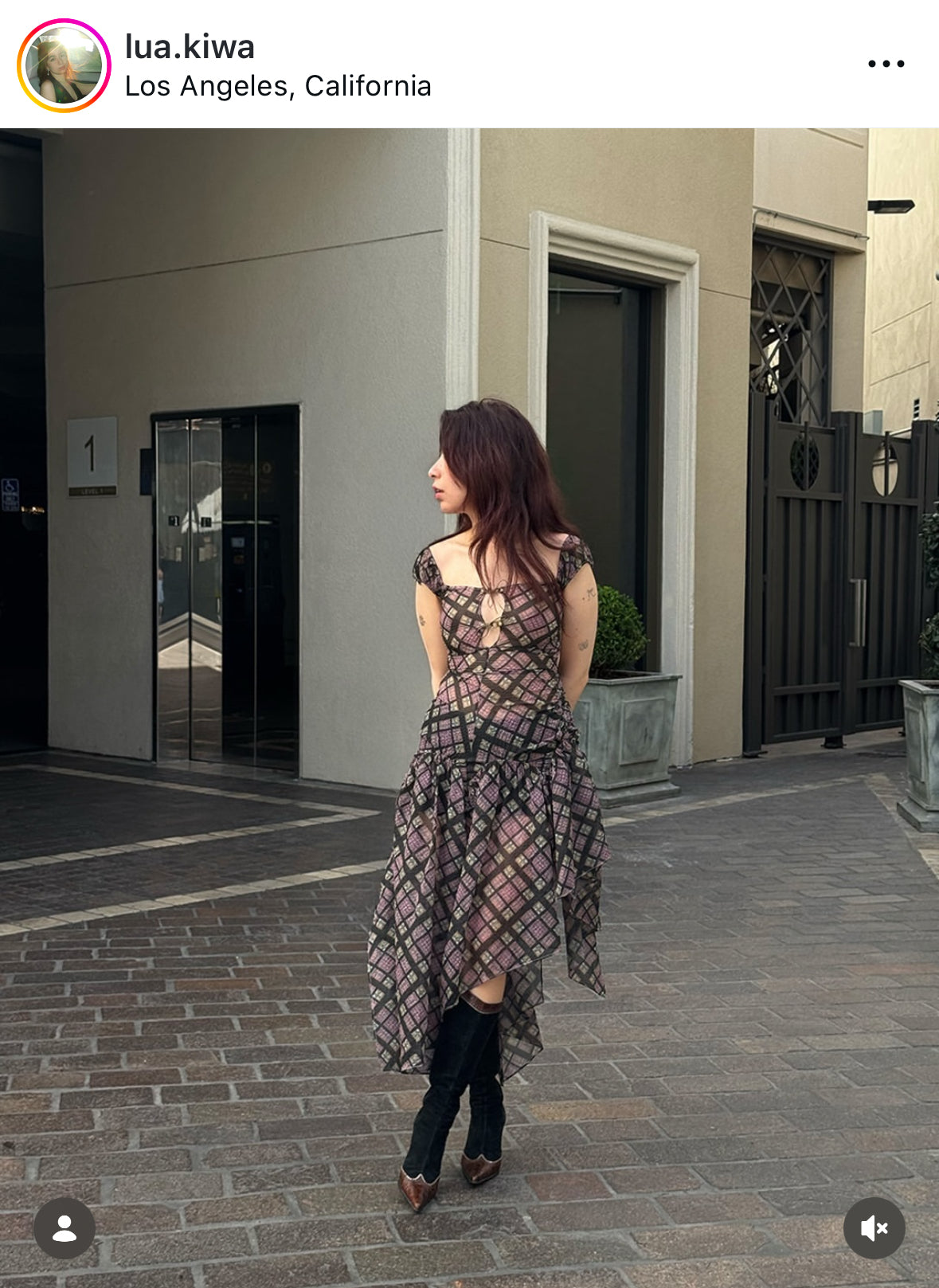 Plaid Puff Chiffon Asymmetrical Dress Purple Plaid