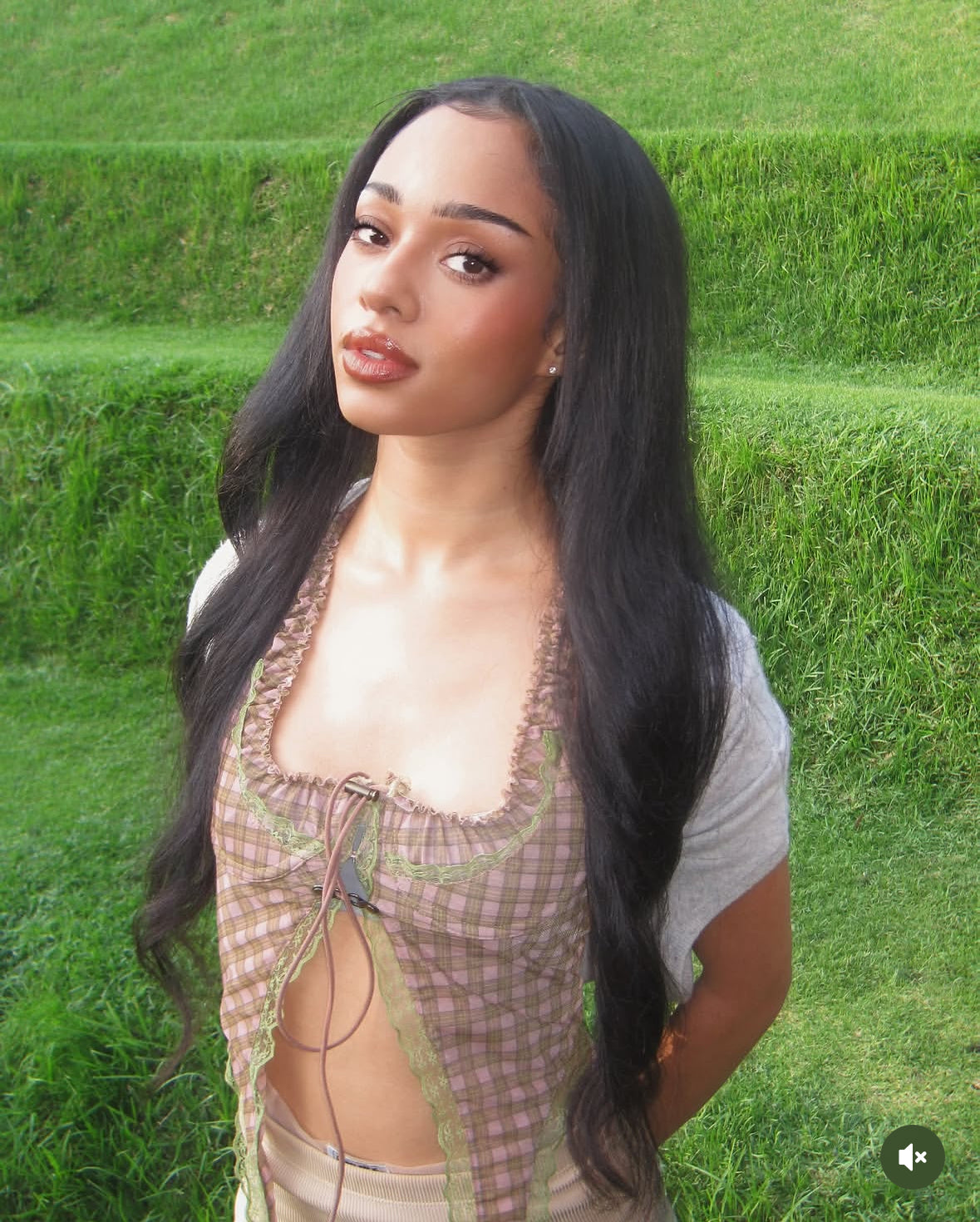 Plaid Mesh Lace Halter Top