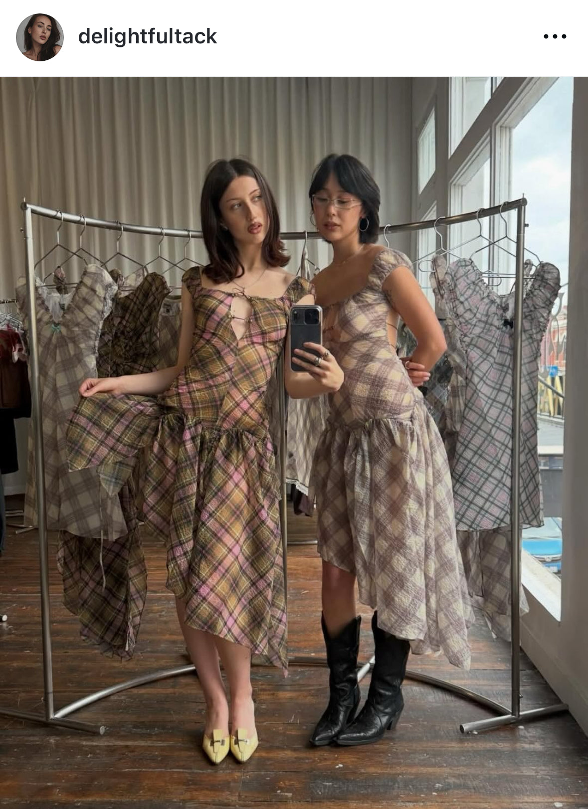 Plaid Puff Chiffon Asymmetrical Dress Porcelain