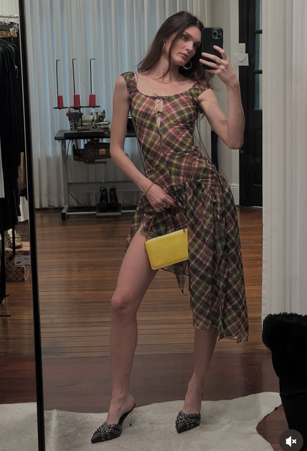 Plaid Puff Chiffon Asymmetrical Dress Pink Tartan