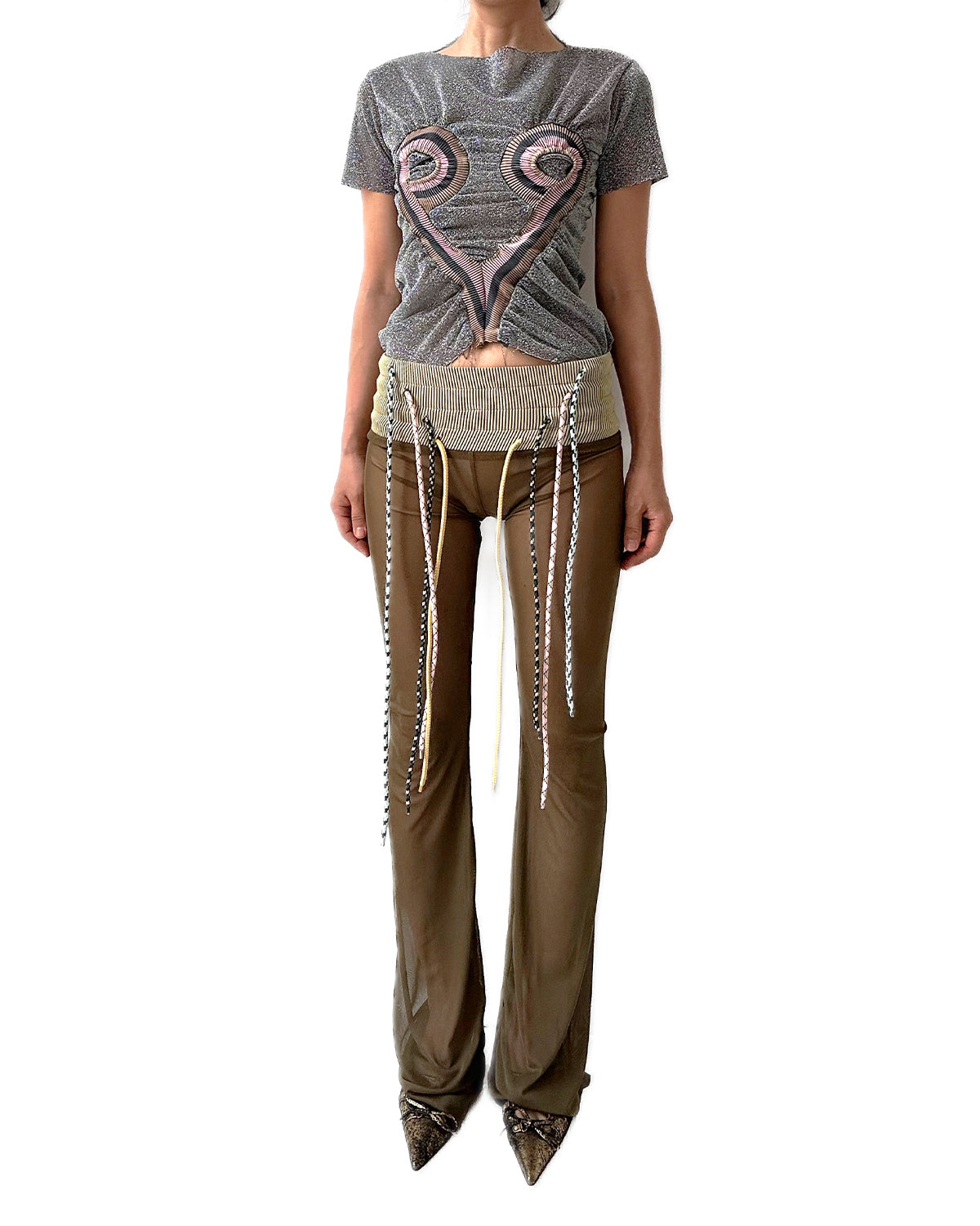 Low-rise Stretch Rib Flared Pants Olive w/ 4 Strings