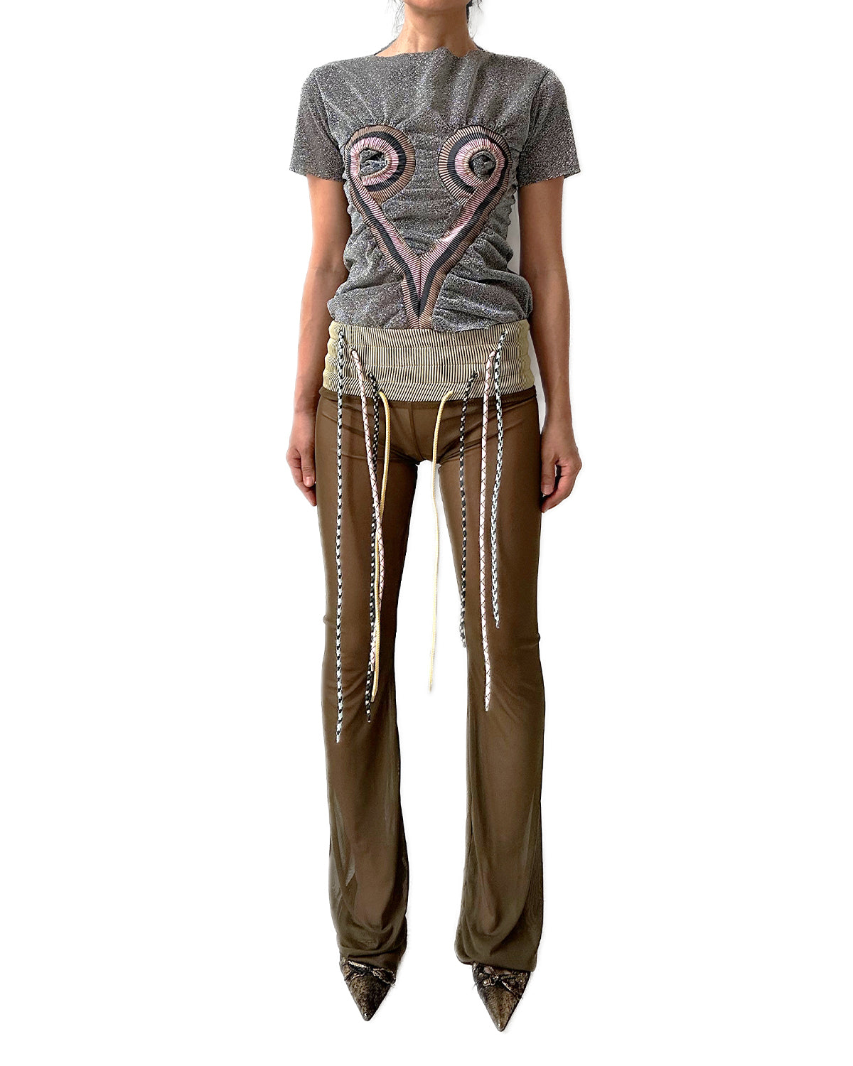 Low-rise Stretch Rib Flared Pants Olive w/ 4 Strings