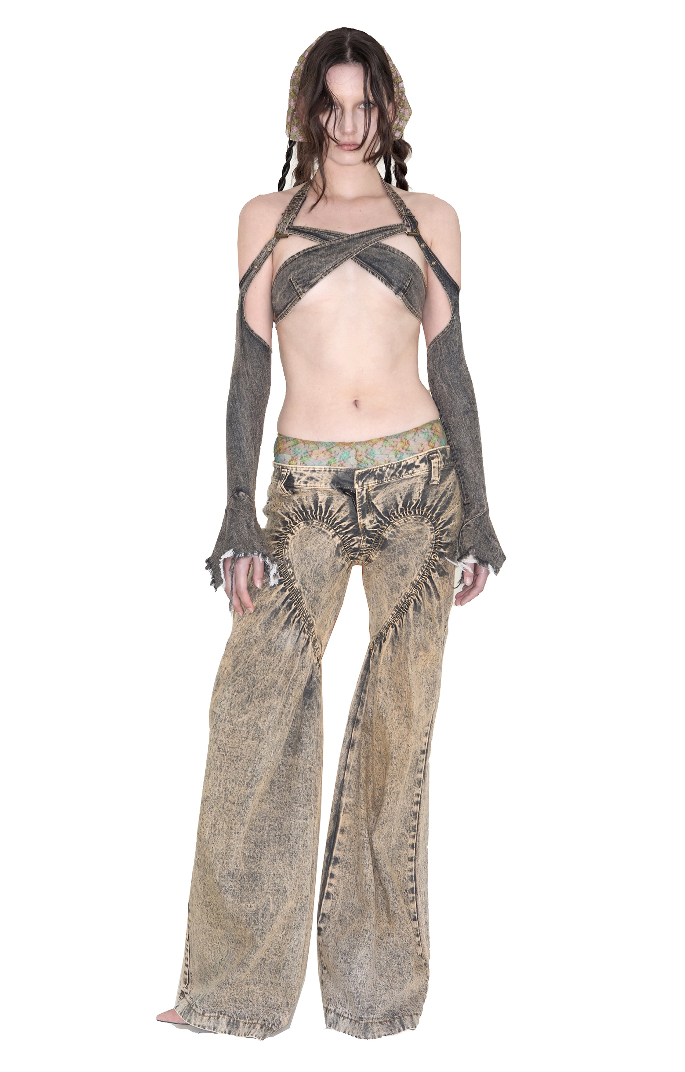 Unisex Ruched Heart Distressed Denim Jeans Black