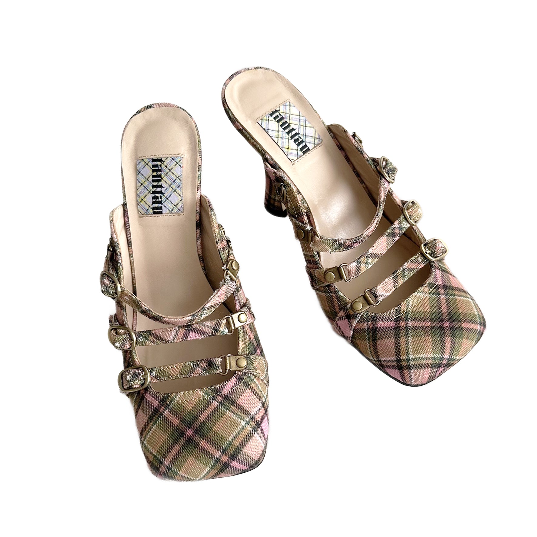 Smooky Plaid Lace Up Square Toe Mules