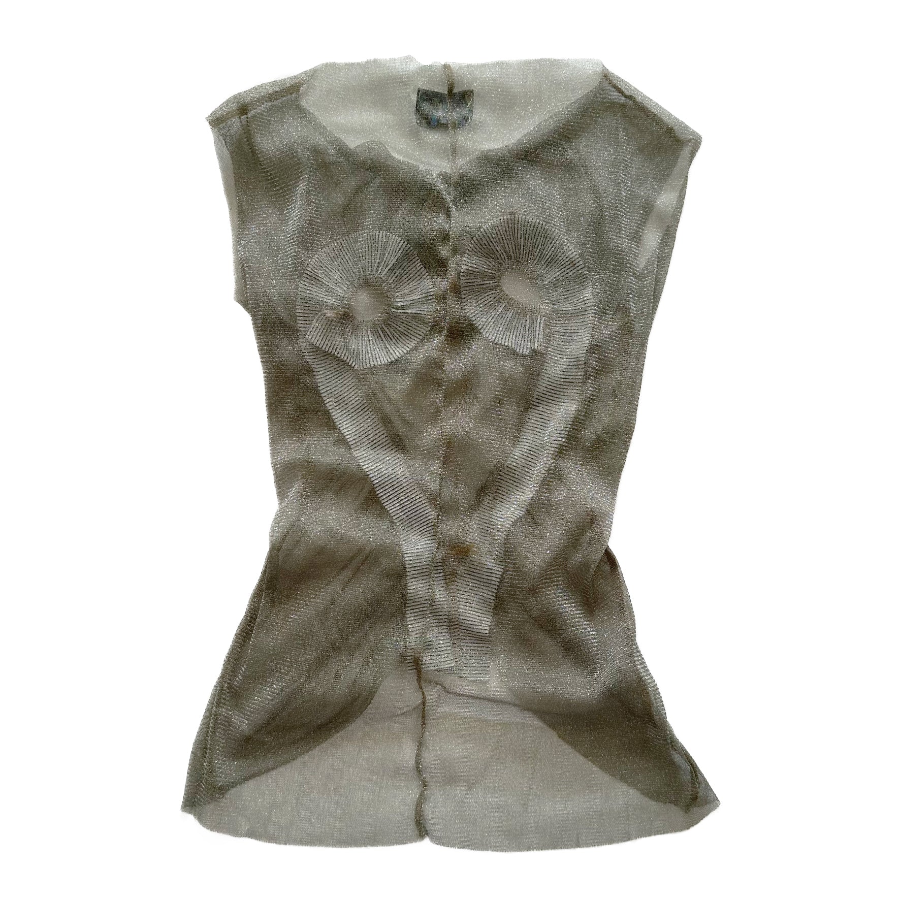 Metallic Silver Mesh Top RIb Patched Heart Shape Tank Tee