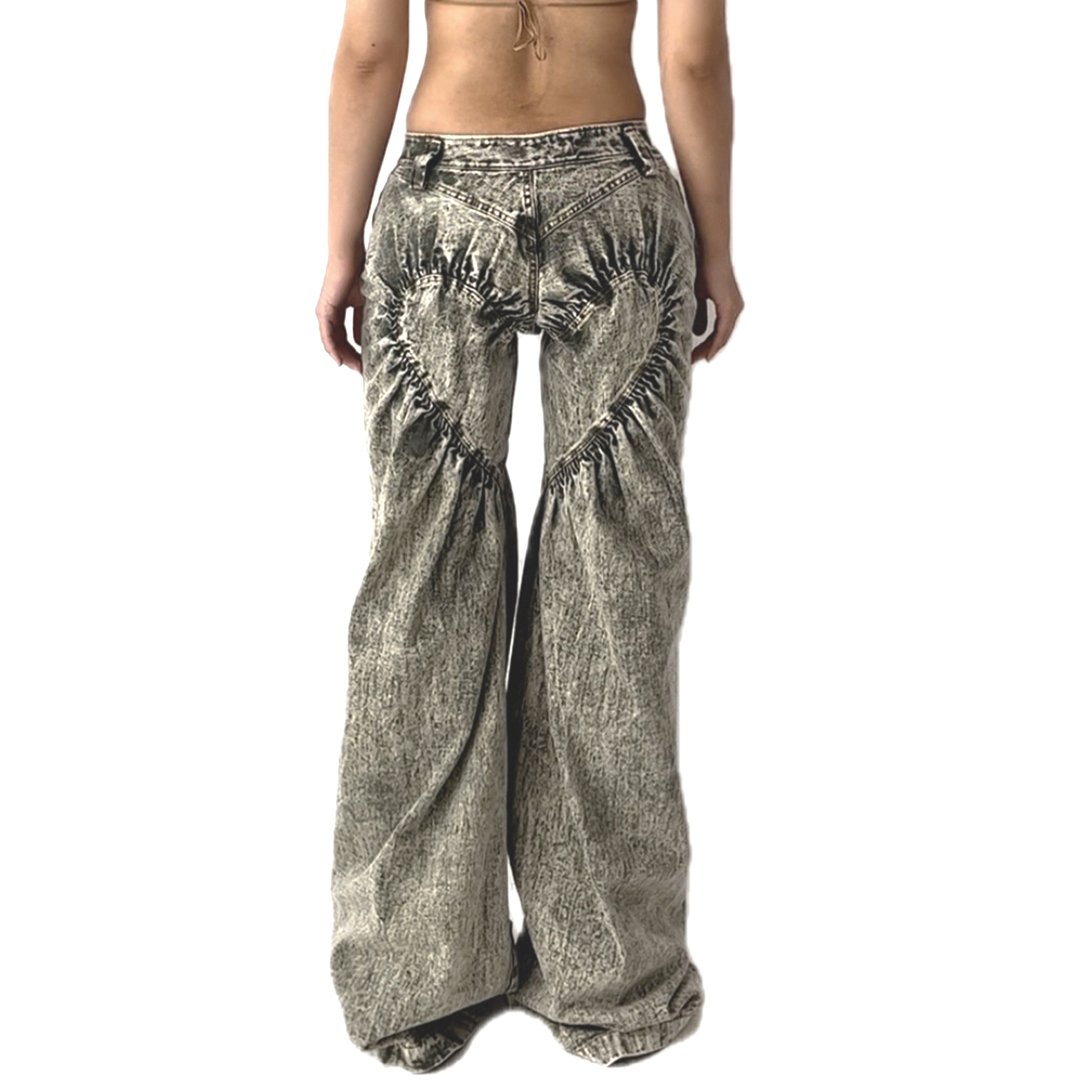 Unisex Ruched Heart Distressed Denim Jeans Green