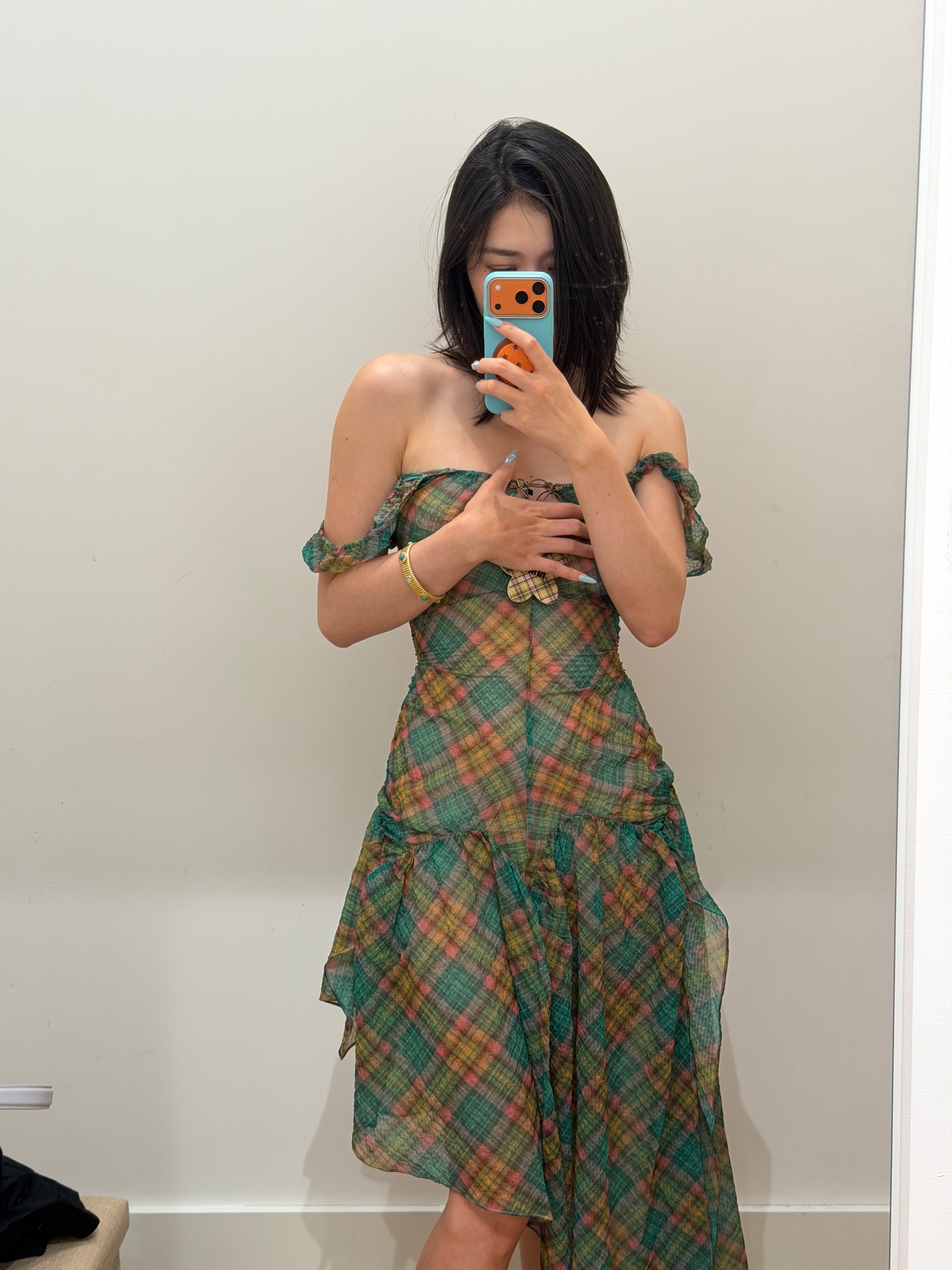 Plaid Puff Chiffon Asymmetrical Dress Aristo