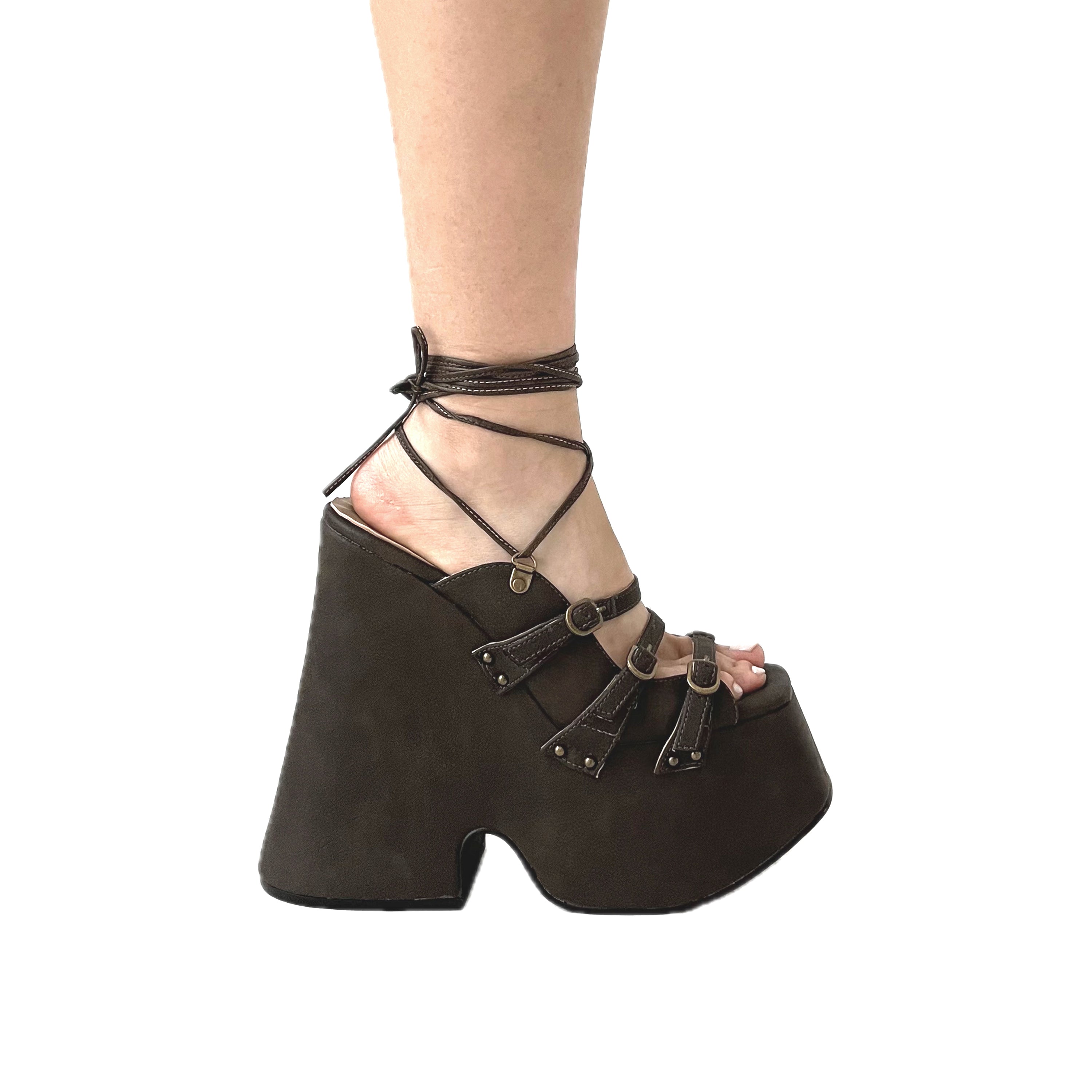 Dark Brown Vegan Leather Lace Up Platform Sandals
