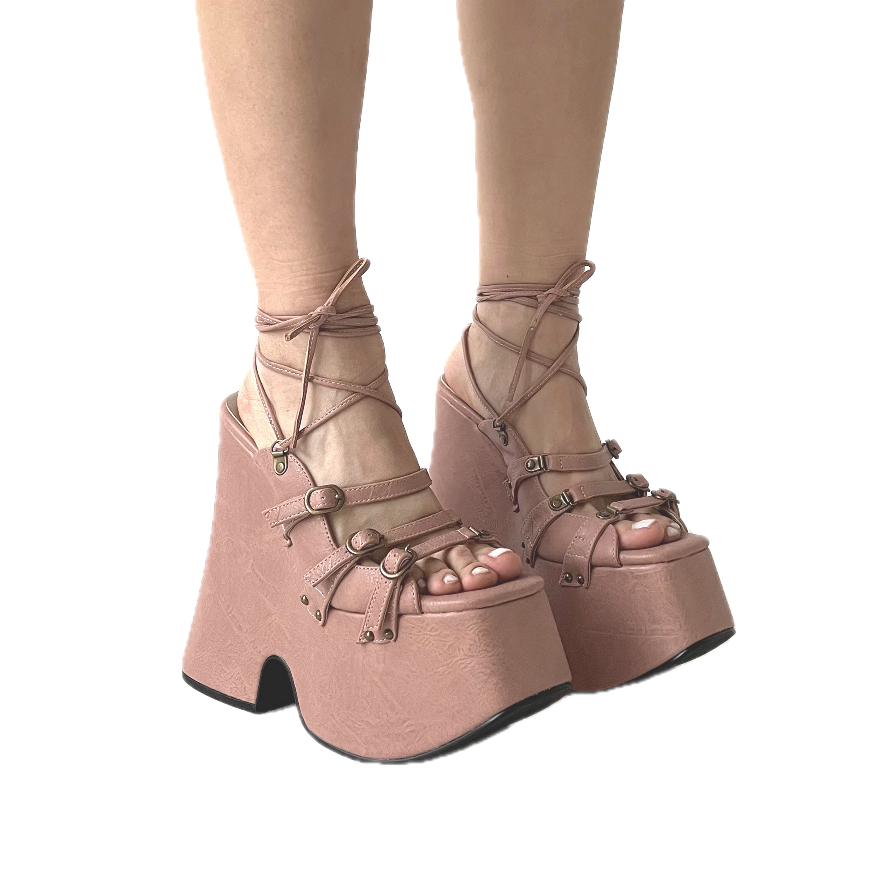 Pink Vegan Leather Lace Up Platform Sandals