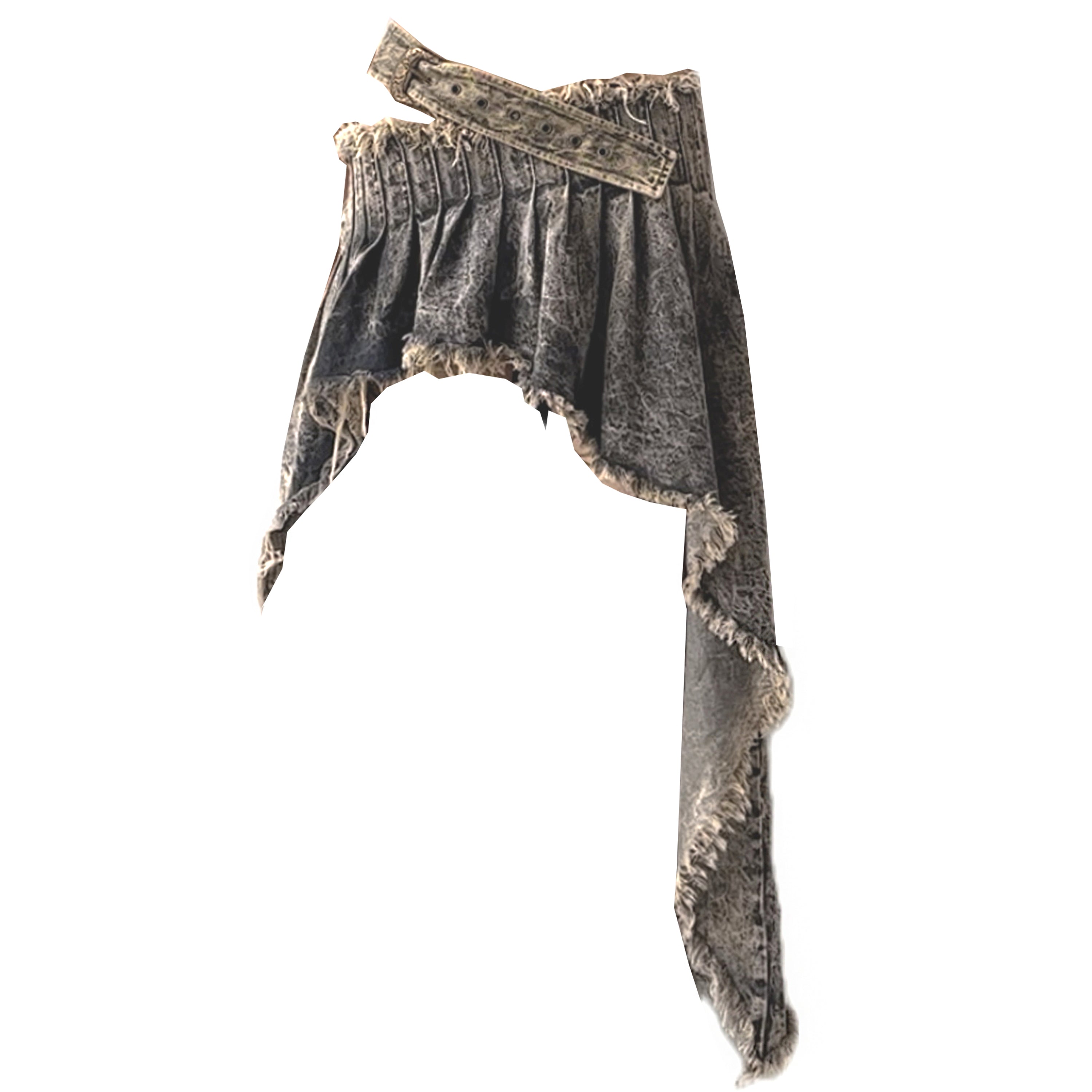 Denim Vintage Wash Asymmetrical Pleated Belt Skirt Black