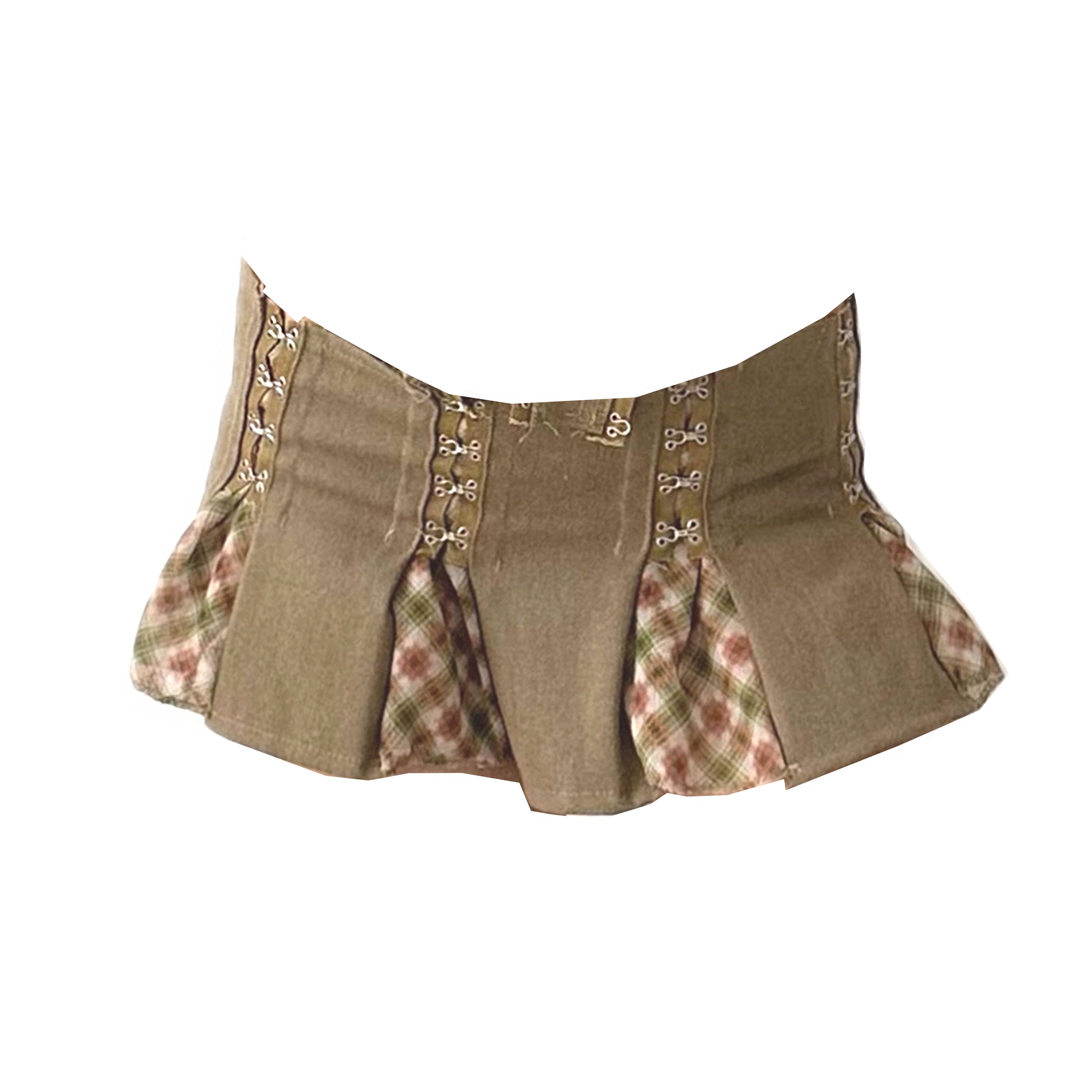 Beige Wild Checker Chiffon Cotton Patched Mini Skirt