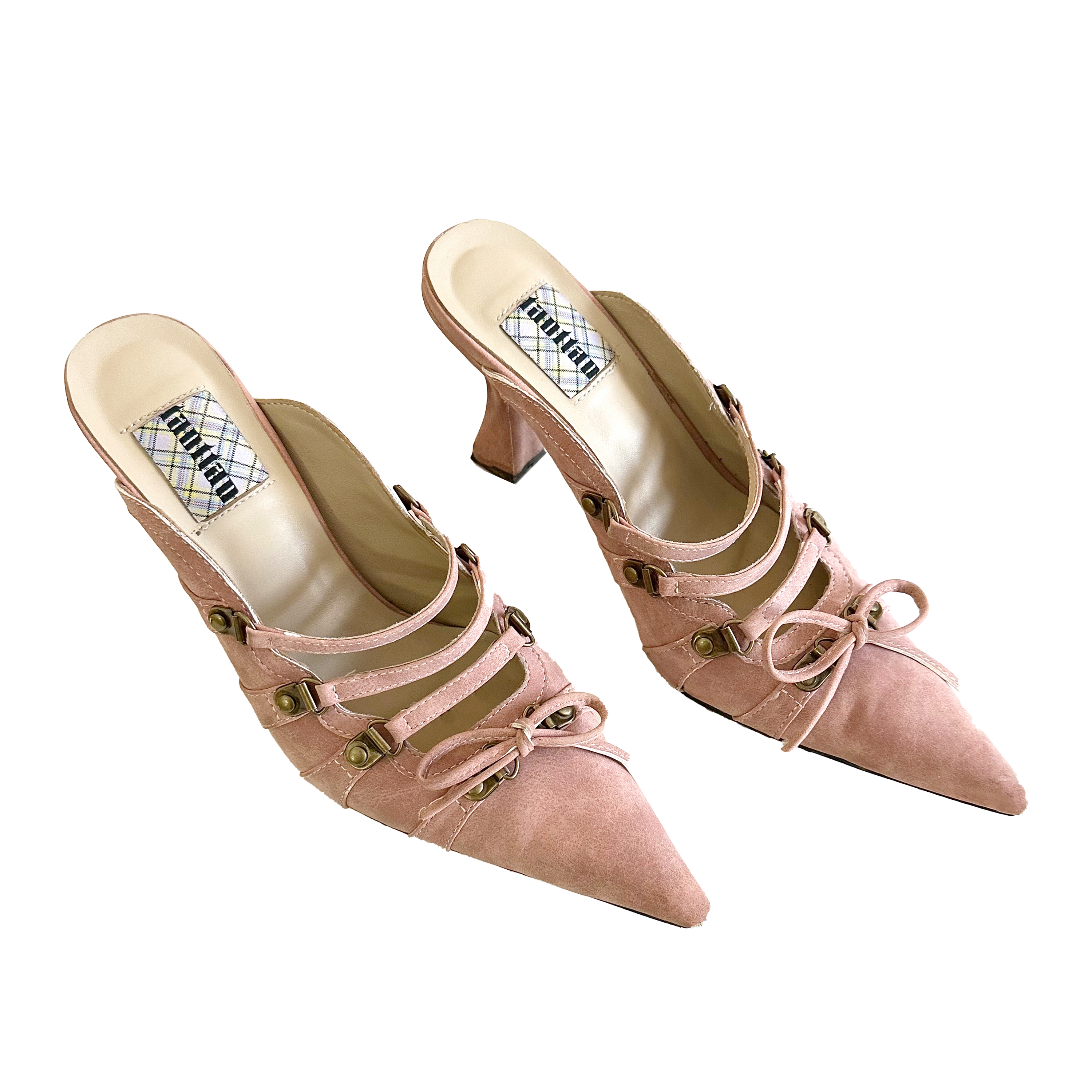 Pink Vegan Suede Lace Up Pointed Toe Mules